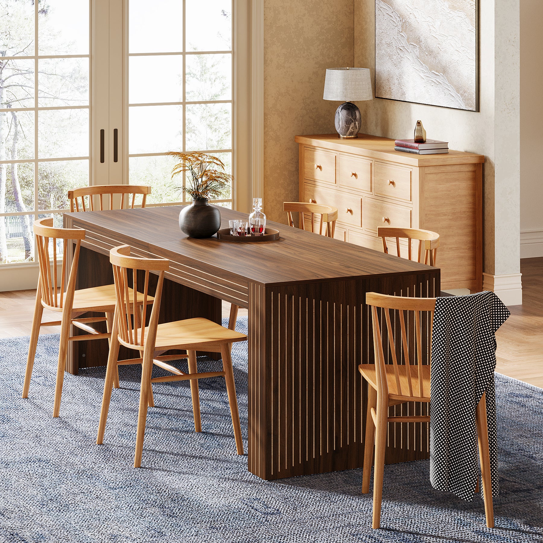 200cm Large Walnut Dining Table for 6-8, Rectangular Modern Farmhouse Table with Heavy-Duty Pedestal