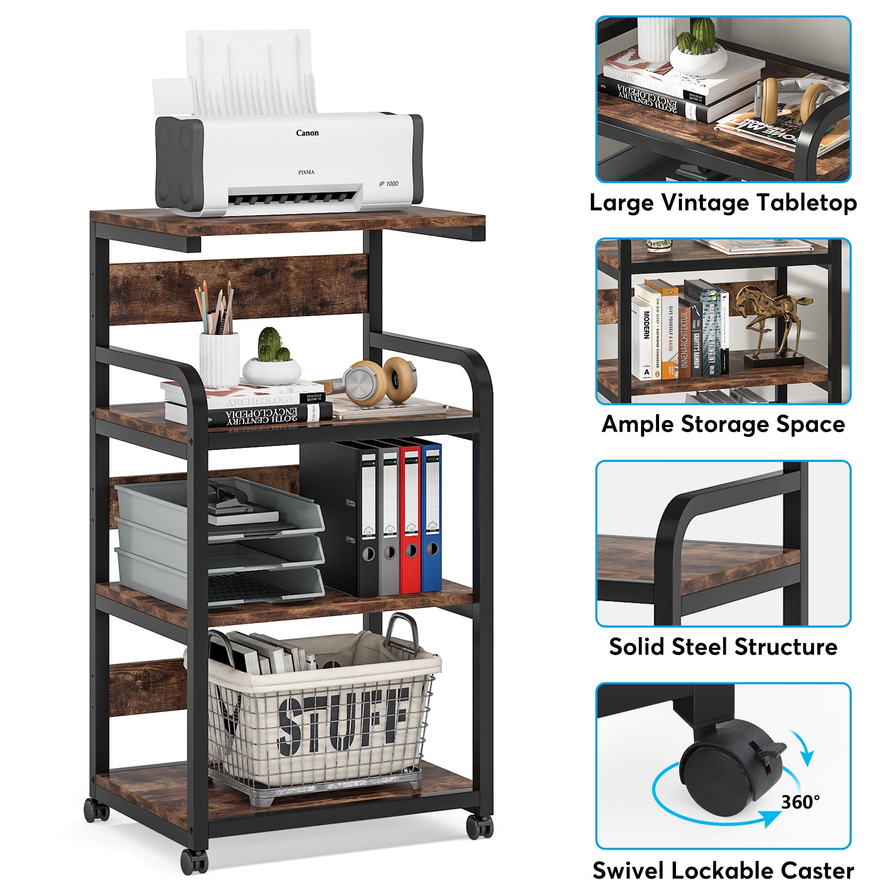 4-Tier Large Printer Stand with Storage Shelves, Mobile Storage Cart with Wheels