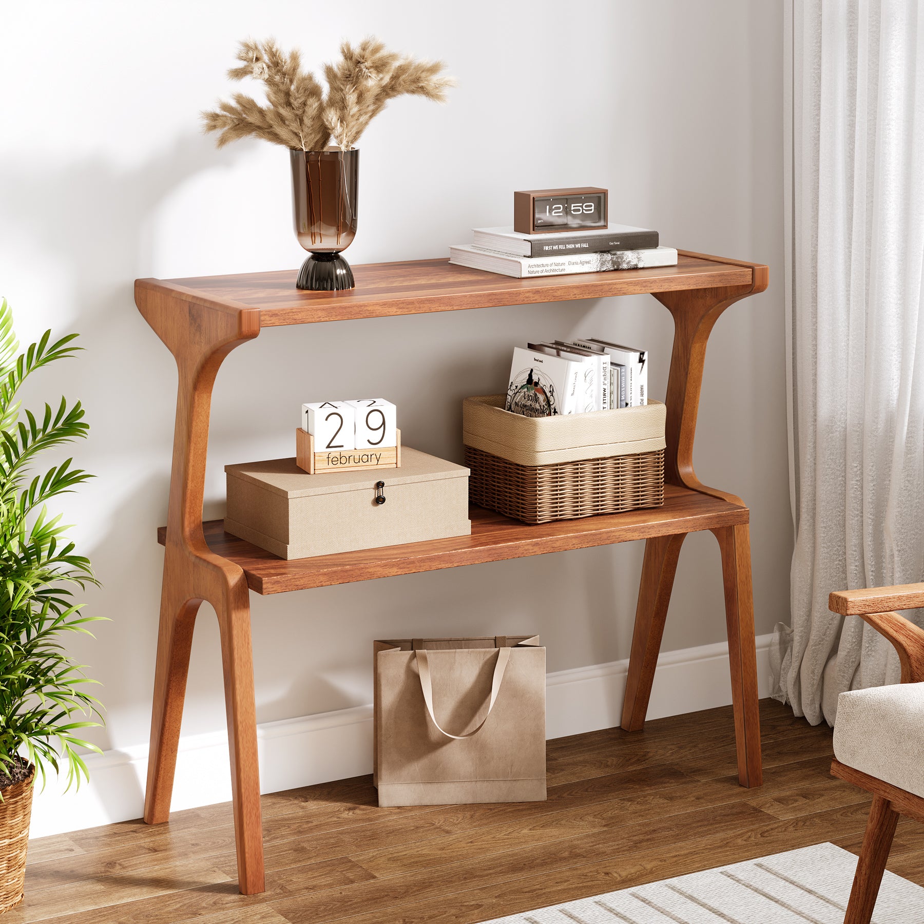 2-Tier Wood End Table, Farmhouse Couch Side Table with Storage Shelves