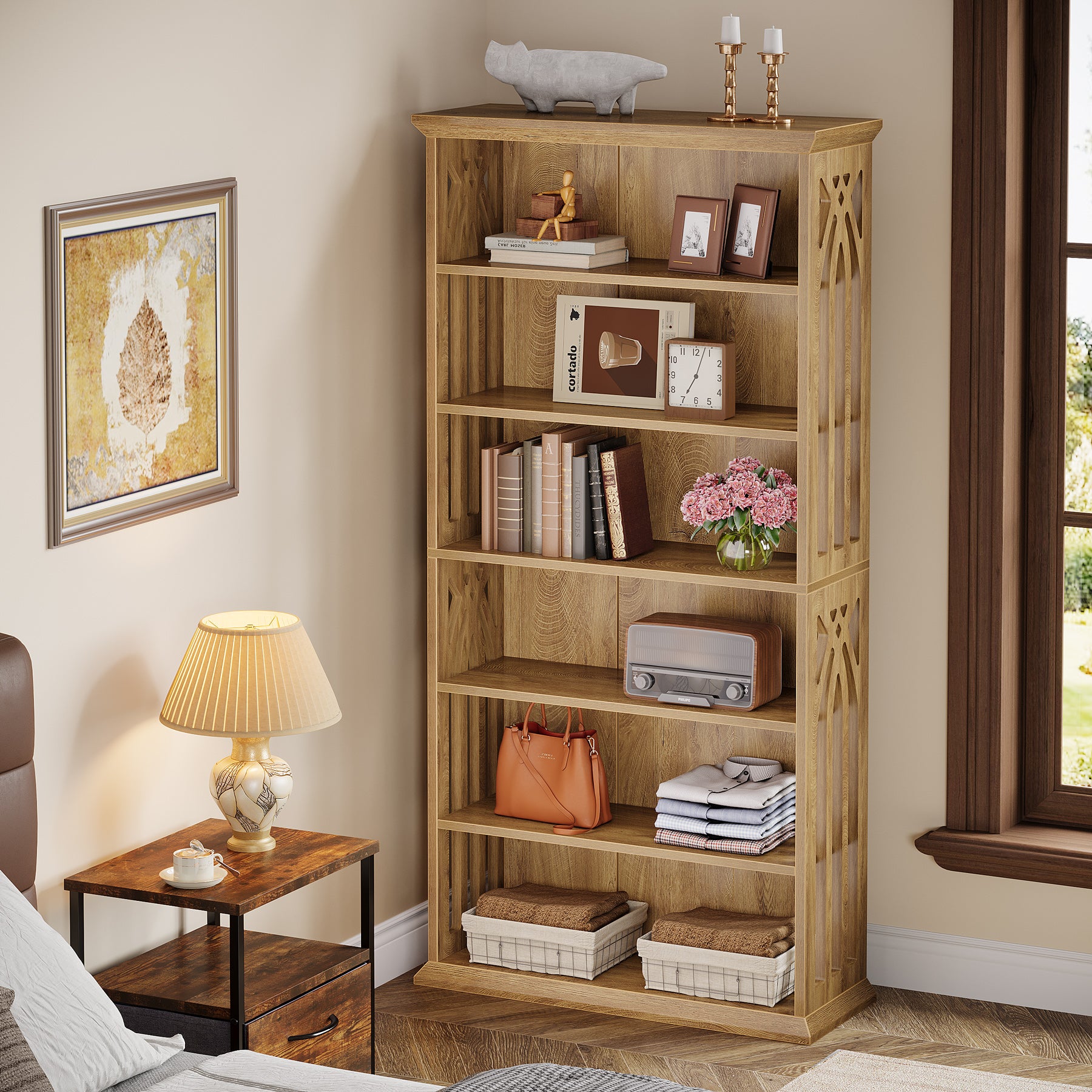 190cm 6-Tier Bookshelf, Tall Bookcase with Adjustable Display Shelves