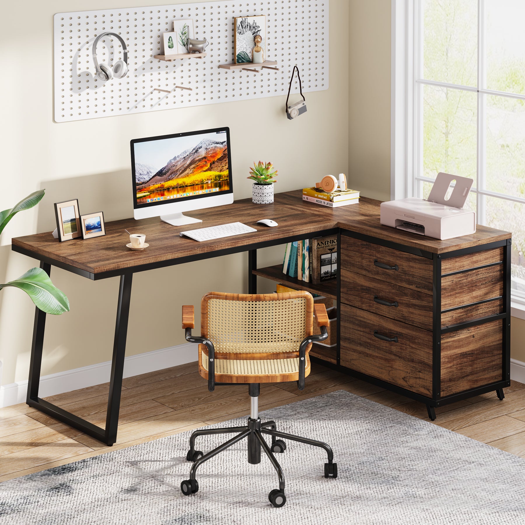 53" Reversible L-Shaped Computer Desk With 3 Drawers & Shelves