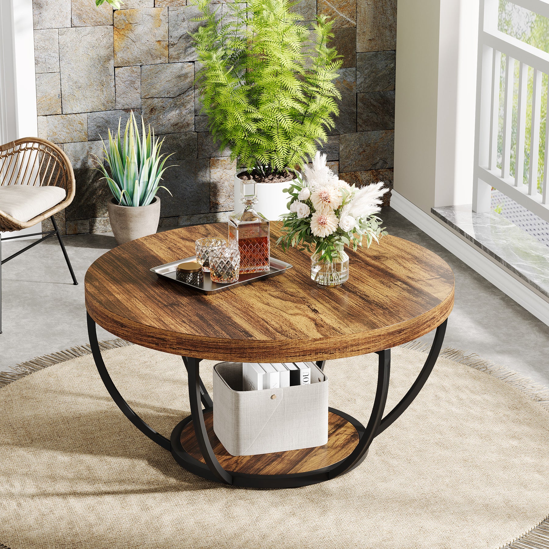 Round Wooden Coffee Table with 2-Tier Shelves