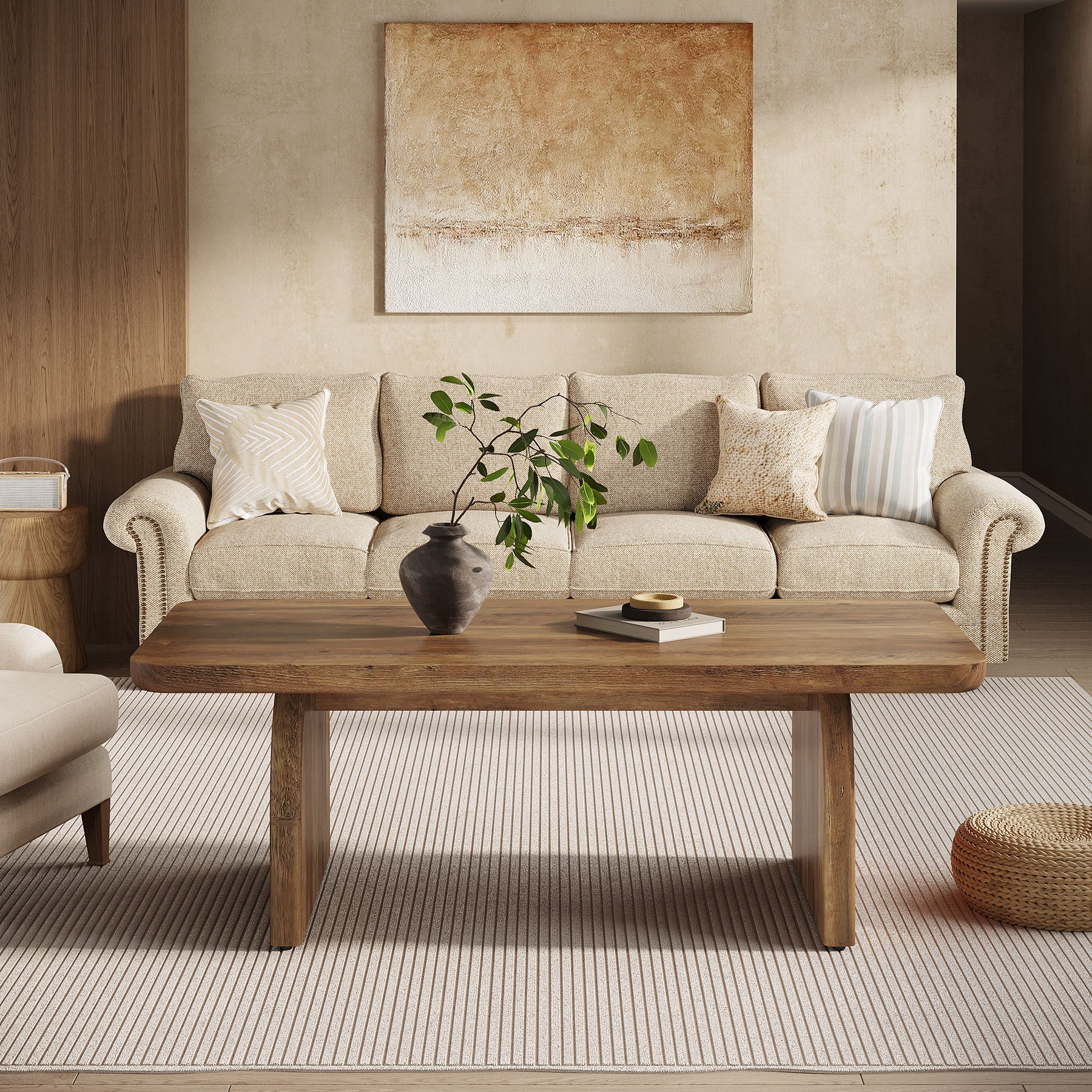 120cm Farmhouse Coffee Table, Rectangular Wooden Centre Table with Rounded Corners