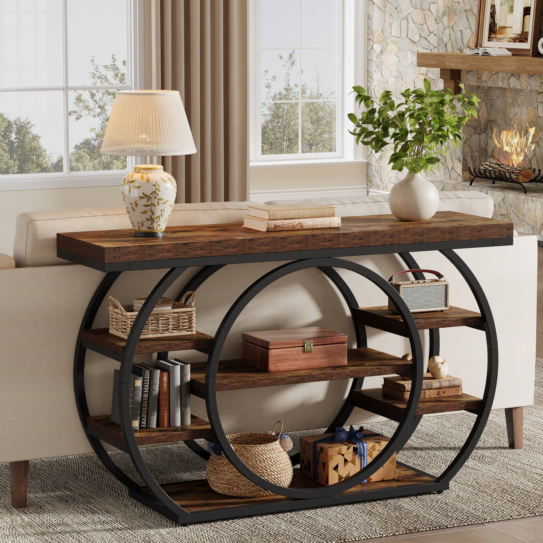 120cm Console Table, 5-Tier Industrial Entryway Table with Metal Frame, Narrow Sofa Table Behind Couch