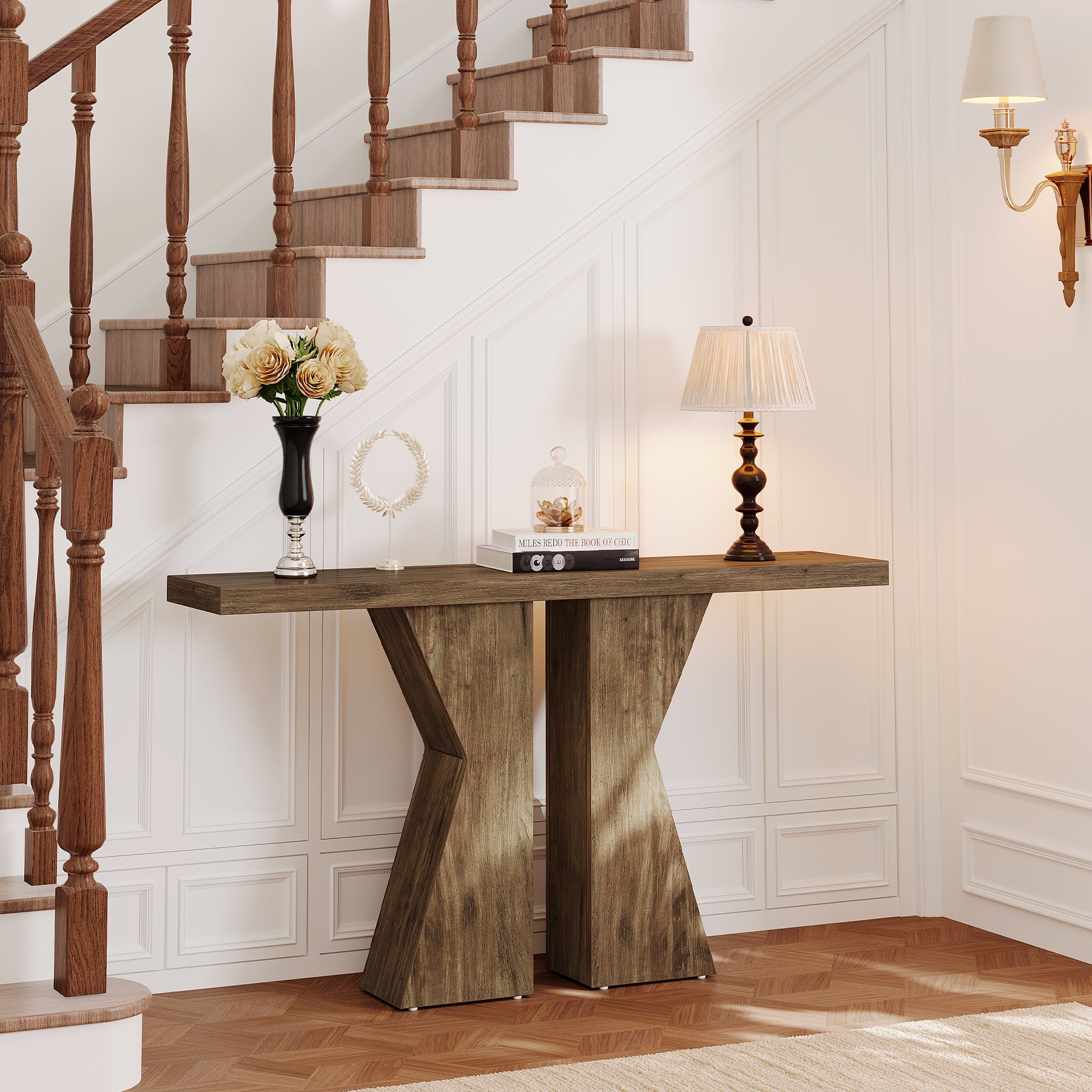 140 cm Console Table, Farmhouse Entry Table with K-Shaped Legs