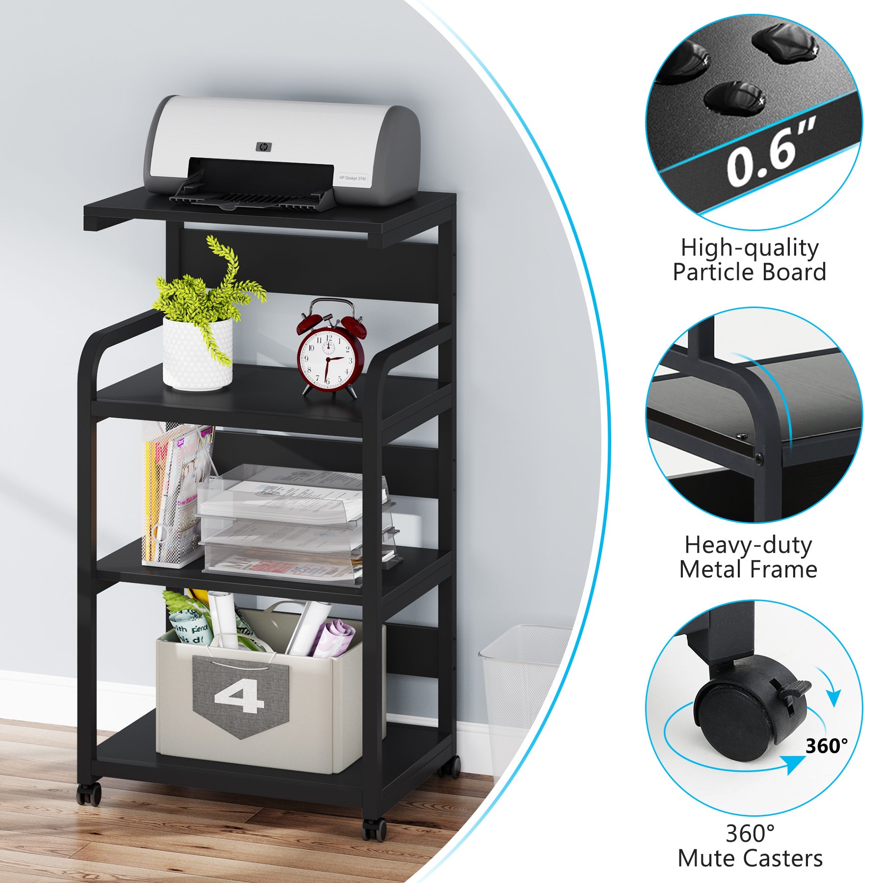 4-Tier Large Printer Stand with Storage Shelves, Mobile Storage Cart with Wheels
