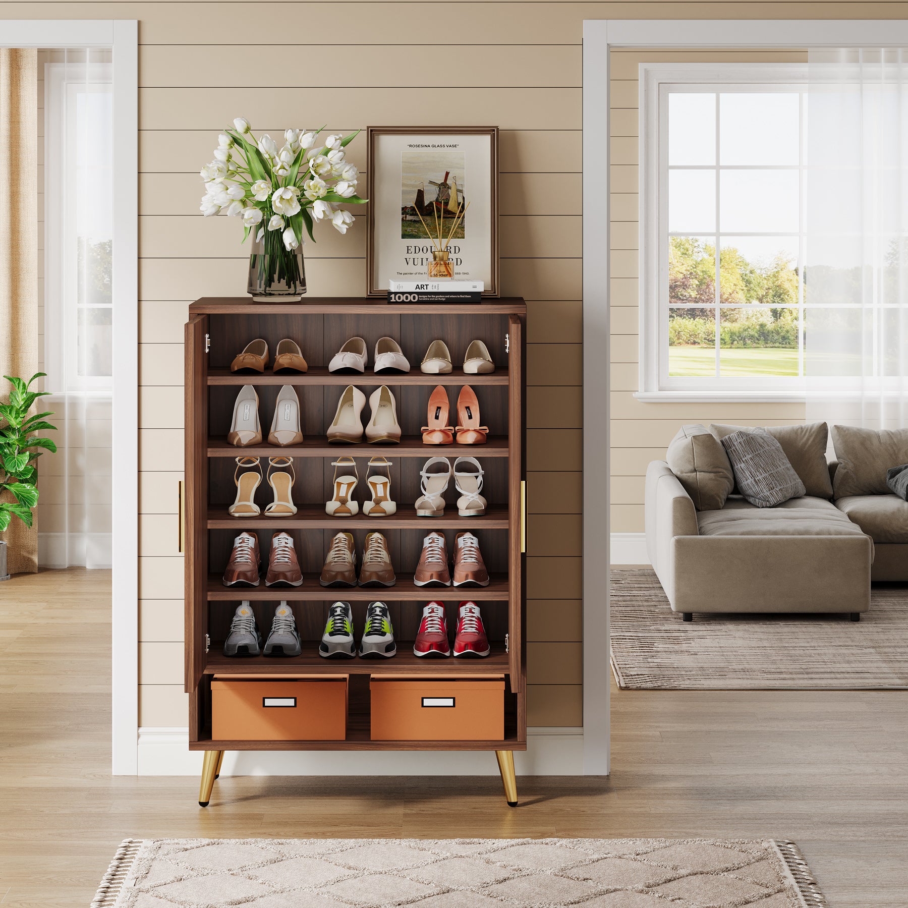 6-Tier Shoe Cabinet with Doors, 18-Pair Wooden Entryway Storage Unit with Adjustable Shelves