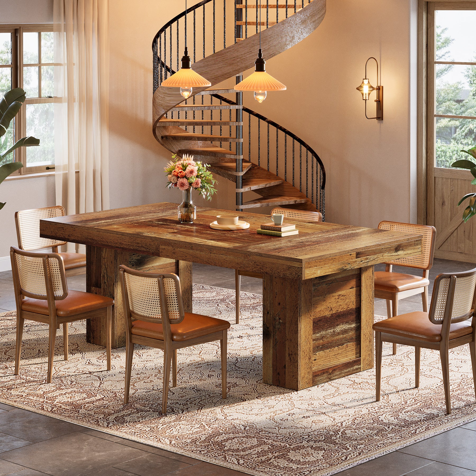 160 cm Farmhouse Dining Table for 6–8, Rectangular Wooden Kitchen Table with Heavy-Duty Legs