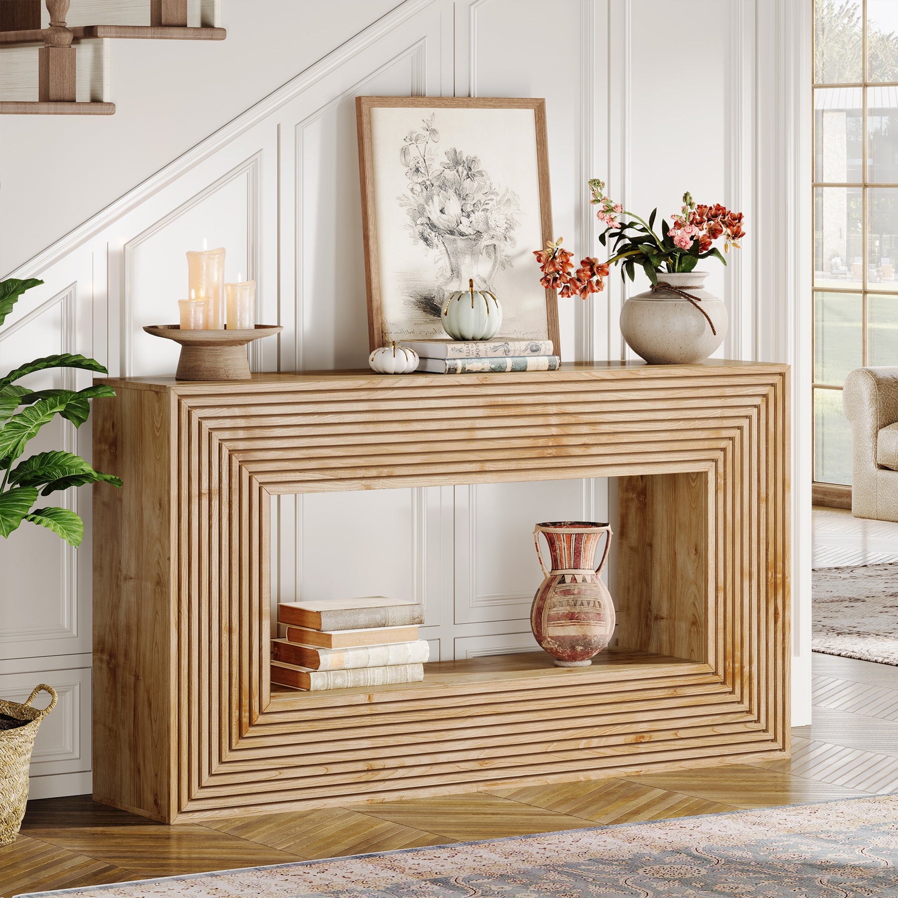 150cm Fluted Farmhouse Console Table with Storage Shelf, Rectangular Wood Sofa Table