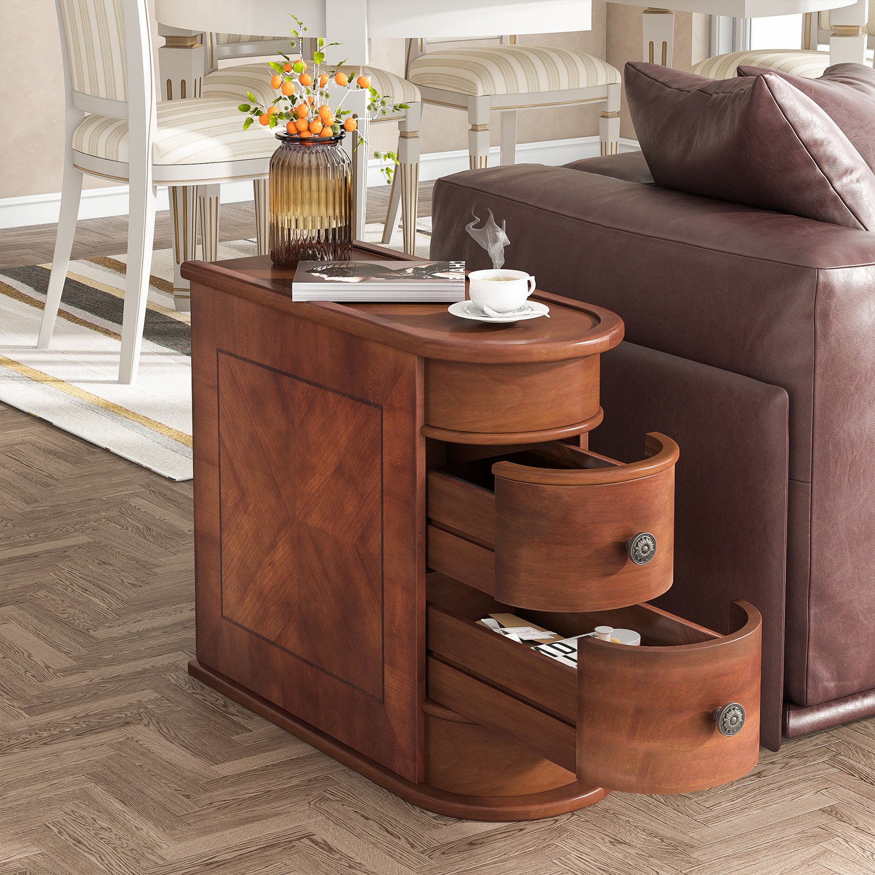 Wood Narrow Side Table with 2 Drawers - Modern Bedside Table