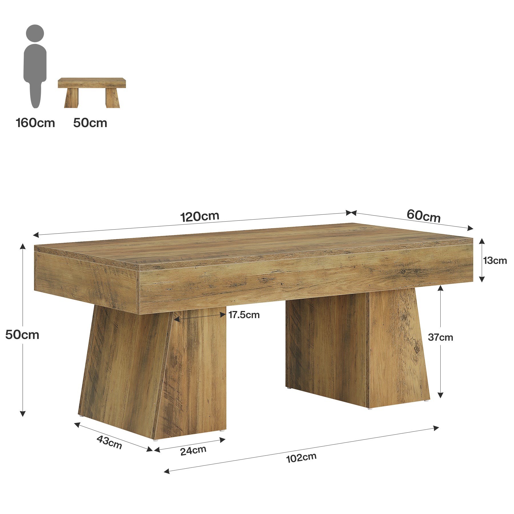 120cm Farmhouse Coffee Table, Rectangular Wooden Centre Table for Living Room