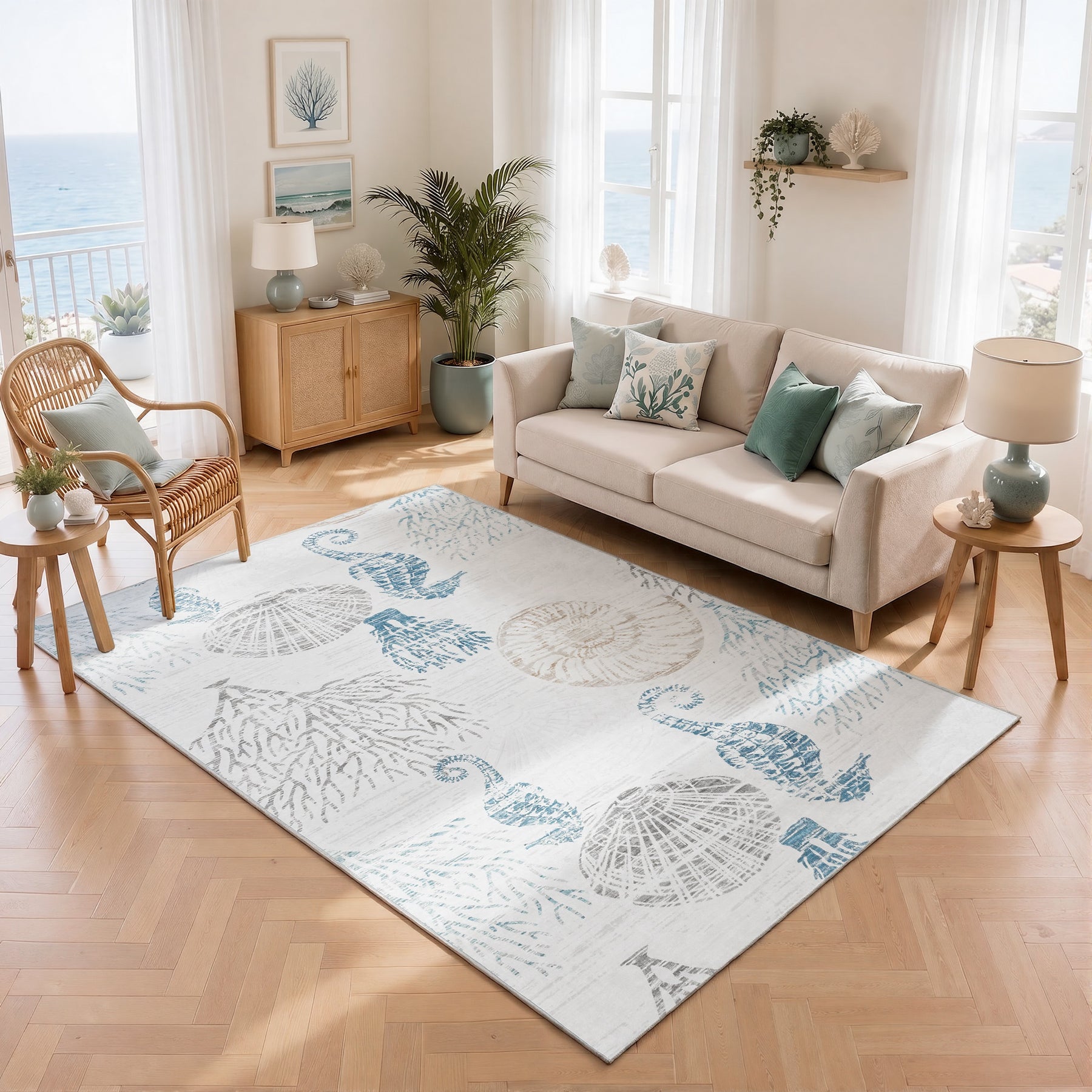 Washable Boho Coastal Area Rug, Non-Slip Animal Print Indoor Carpet, Oeko-Tex Certified