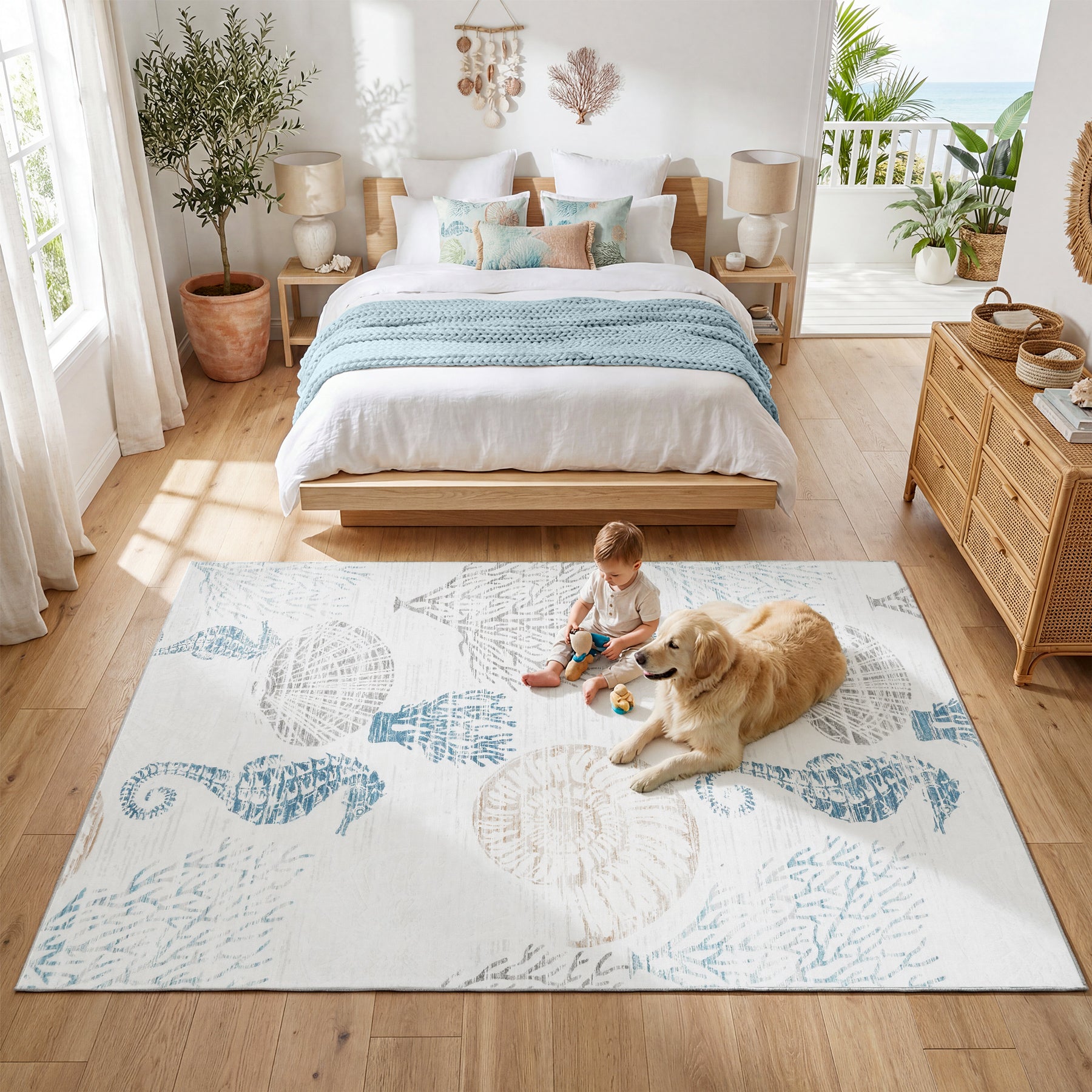 Washable Boho Coastal Area Rug, Non-Slip Animal Print Indoor Carpet, Oeko-Tex Certified