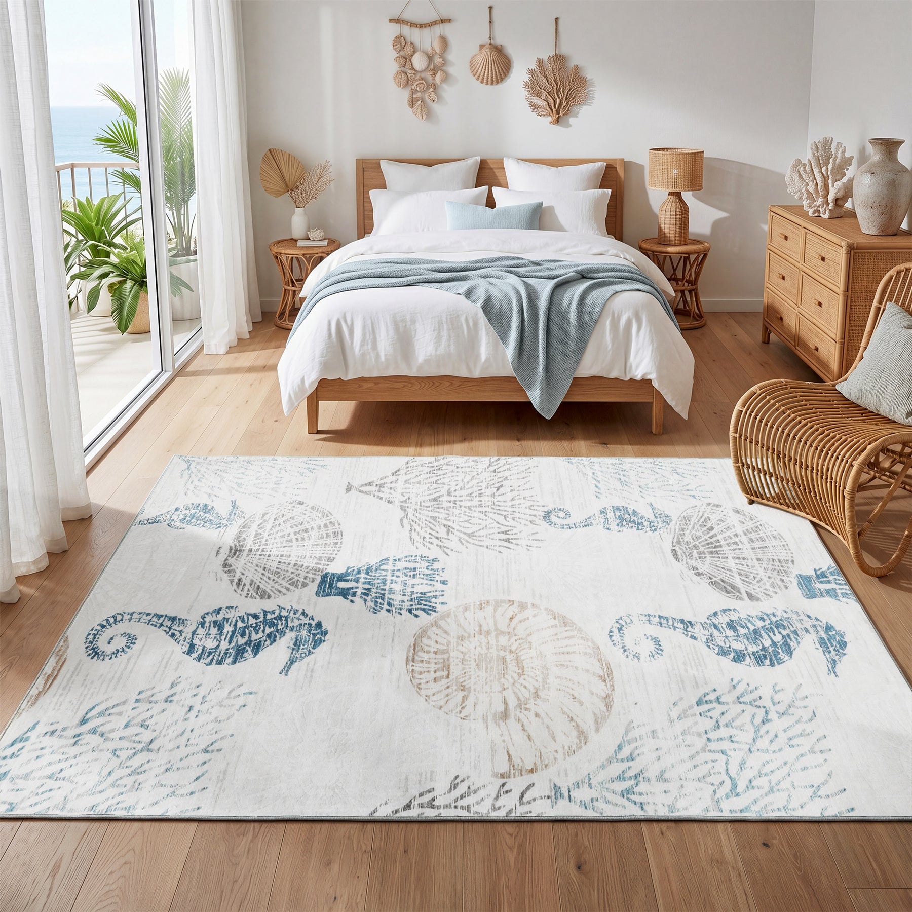 Washable Boho Coastal Area Rug, Non-Slip Animal Print Indoor Carpet, Oeko-Tex Certified