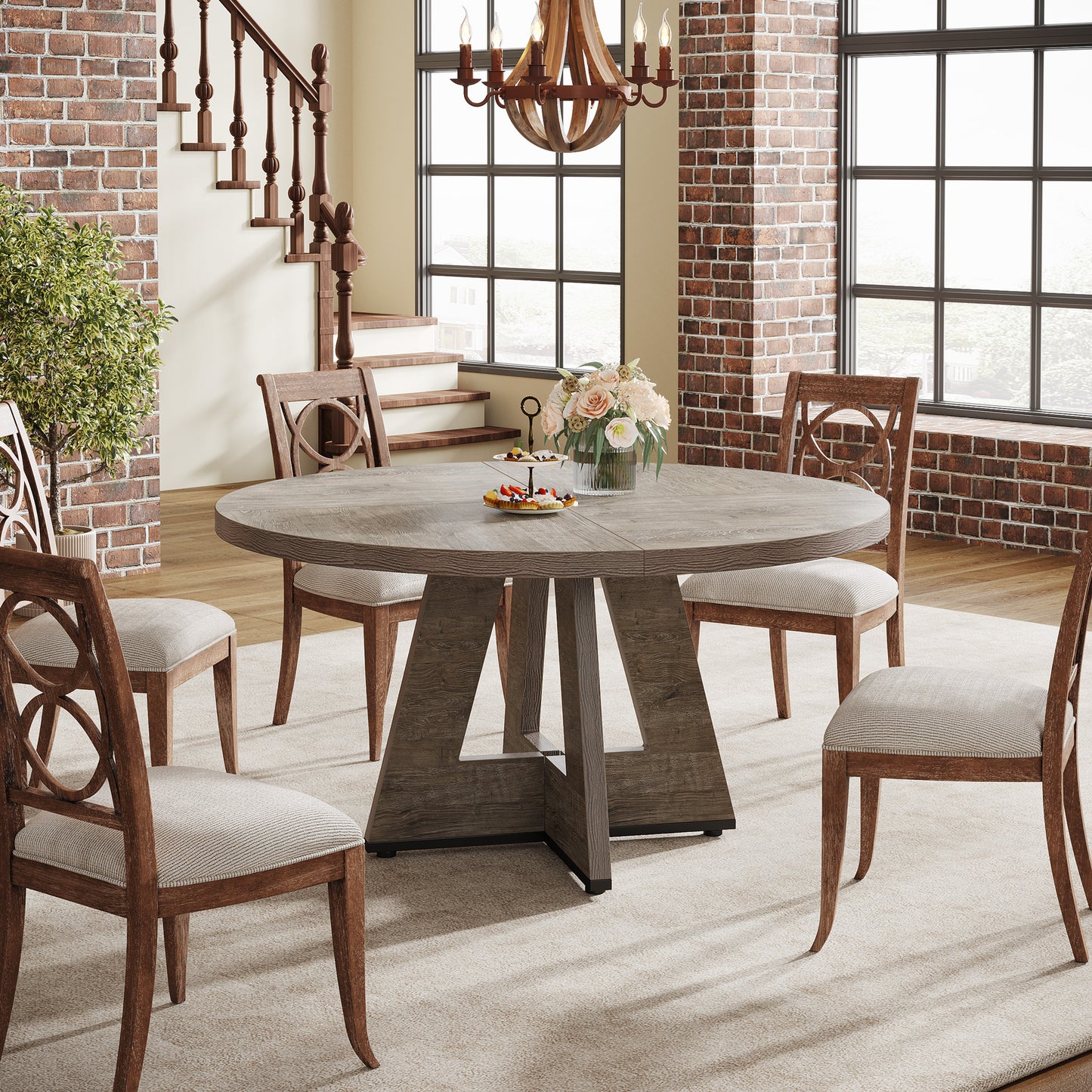 Round Dining Table for 4, 47" Wood Kitchen Table Farmhouse Dinner Table