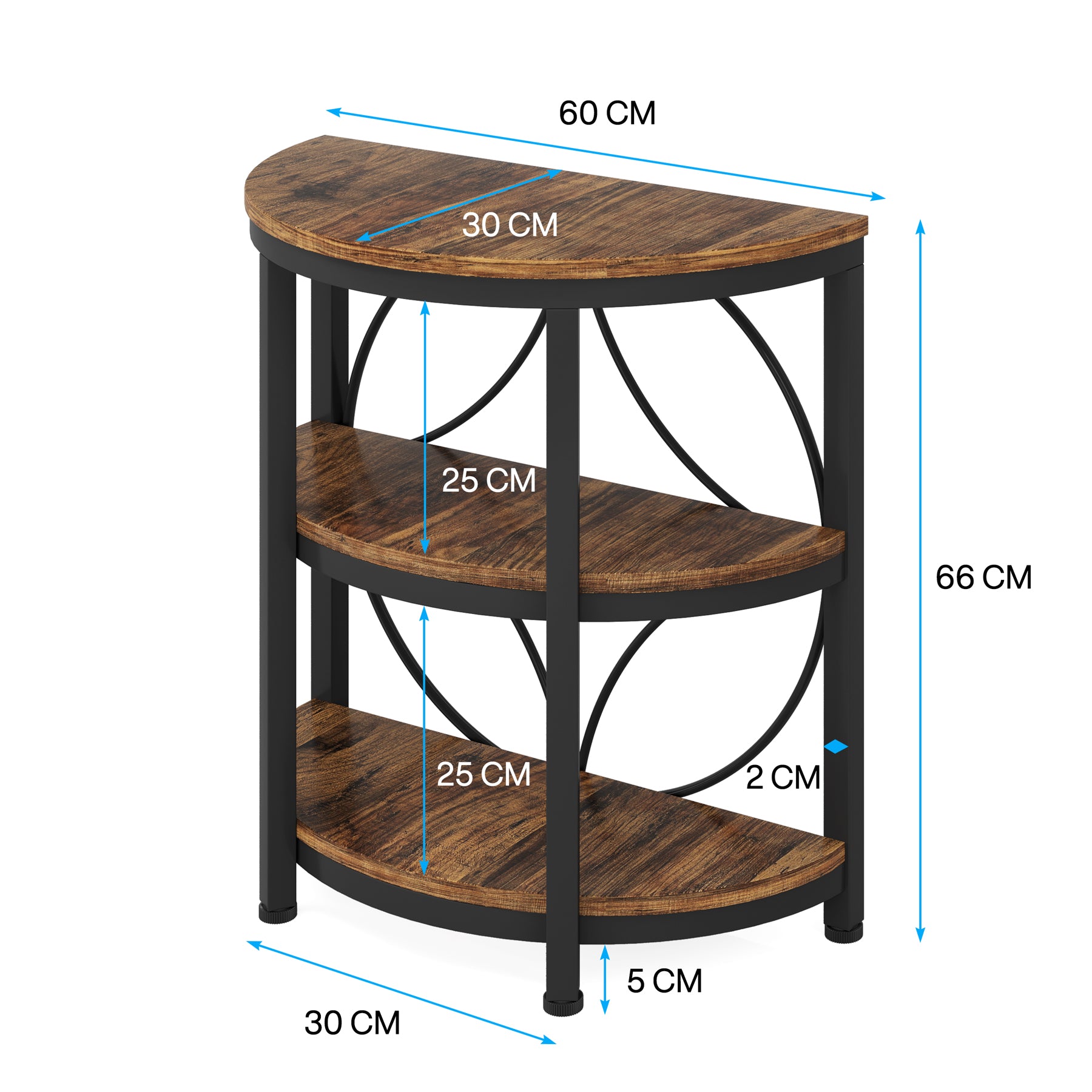 60CM End Table, 3-Tier Half Round Side Table with Storage Shelves