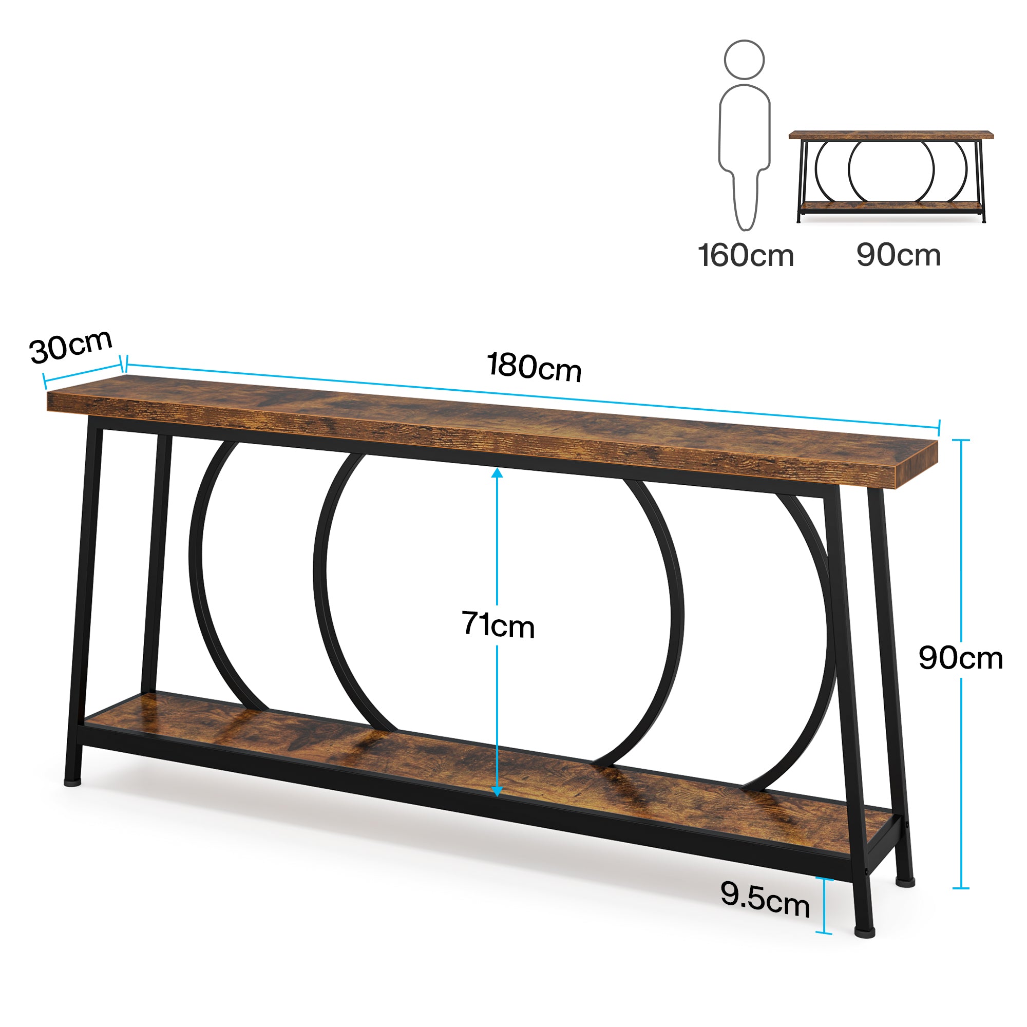 2-Tier Console Table, 180cm Sofa Entryway Table with Storage Shelves