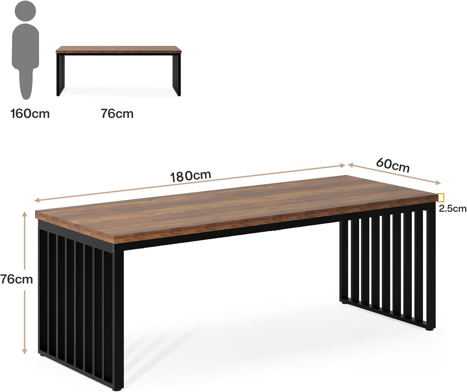 180cm Industrial Dining Table for 6–8, Rectangular Wood Table with Metal Frame