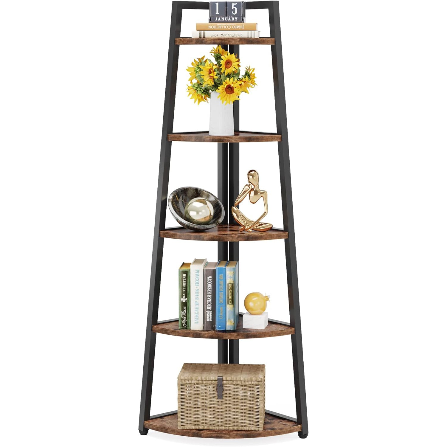 178cm Tall Corner Shelf, 5 Tier Industrial Corner Bookshelf for Living Room, Home Office