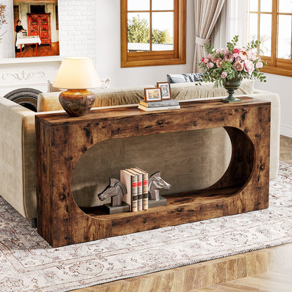 63" Console Table, Wood Sofa Table Behind Couch with 2 - Tier Storage Shelf Tribesigns