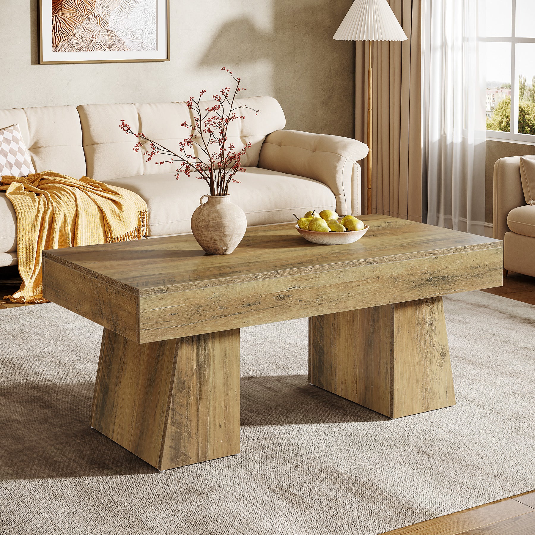 120cm Farmhouse Coffee Table, Rectangular Wooden Centre Table for Living Room
