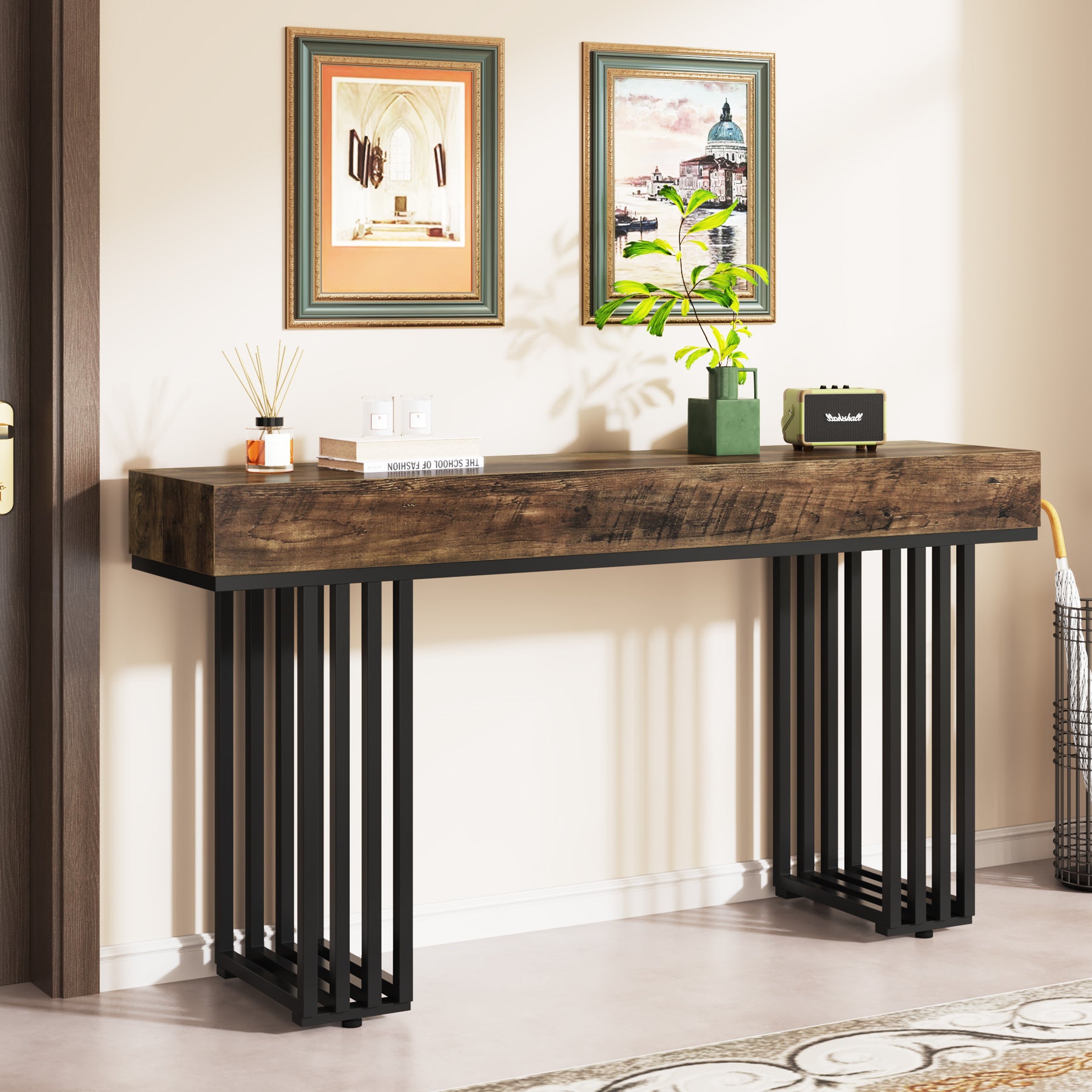 140 cm Industrial Console Table with Thick Wooden Top and Metal Frame, Entryway & Sofa Table for Living Room