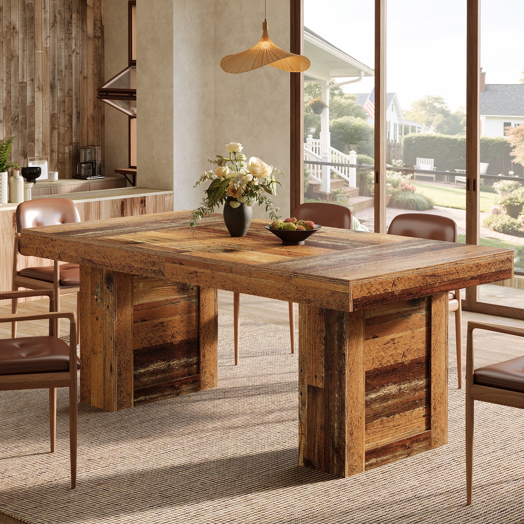 160 cm Farmhouse Dining Table for 6–8, Rectangular Wooden Kitchen Table with Heavy-Duty Legs