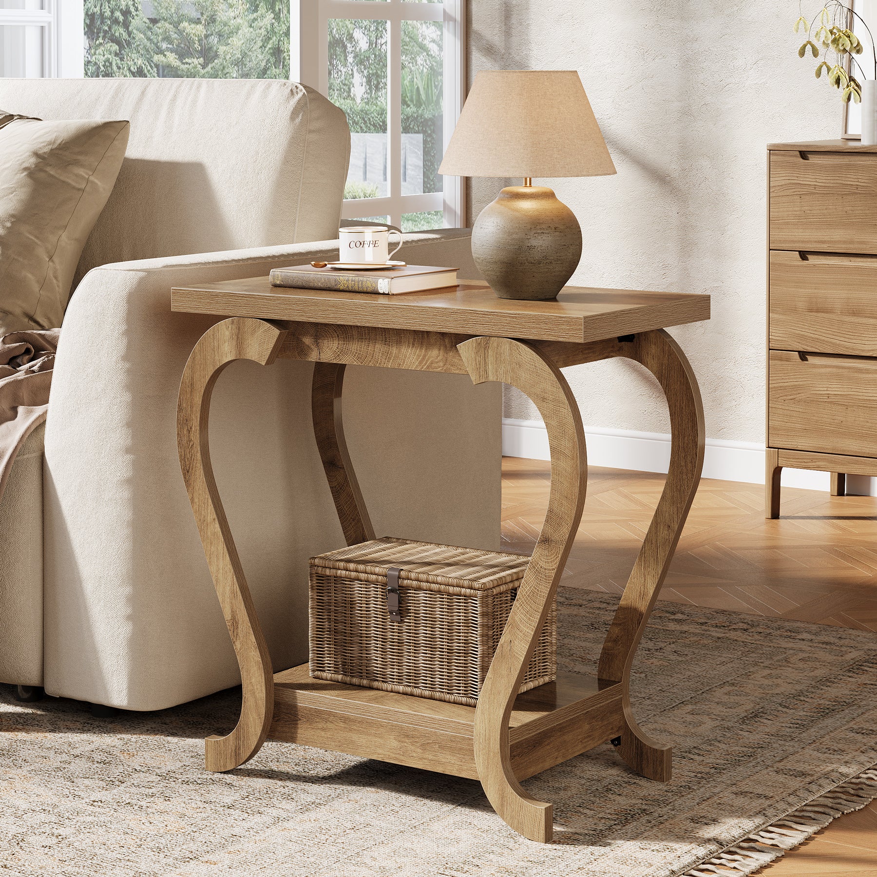 2-Tier Narrow Side Table with Storage Shelf, Rustic End Table for Living Room & Bedroom