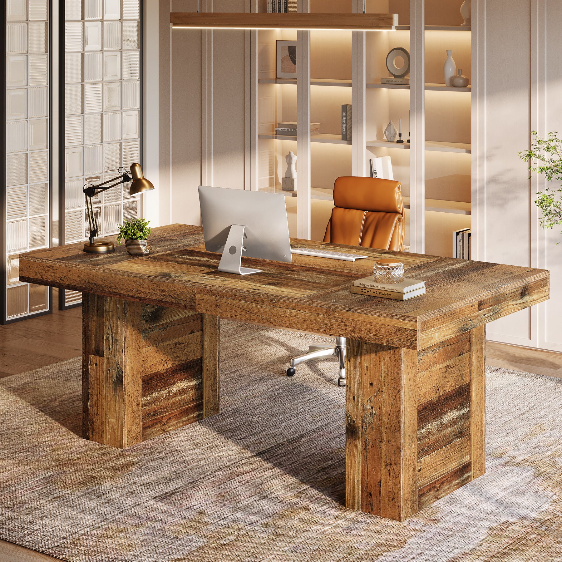 160 cm Farmhouse Executive Desk, Large Wooden Office Desk with Heavy-Duty Legs for Home Office