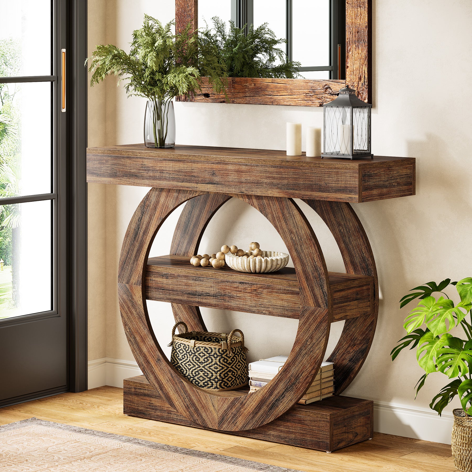 105 cm  Console Table, 3-Tier Sofa Table Accent Console with Circle Base