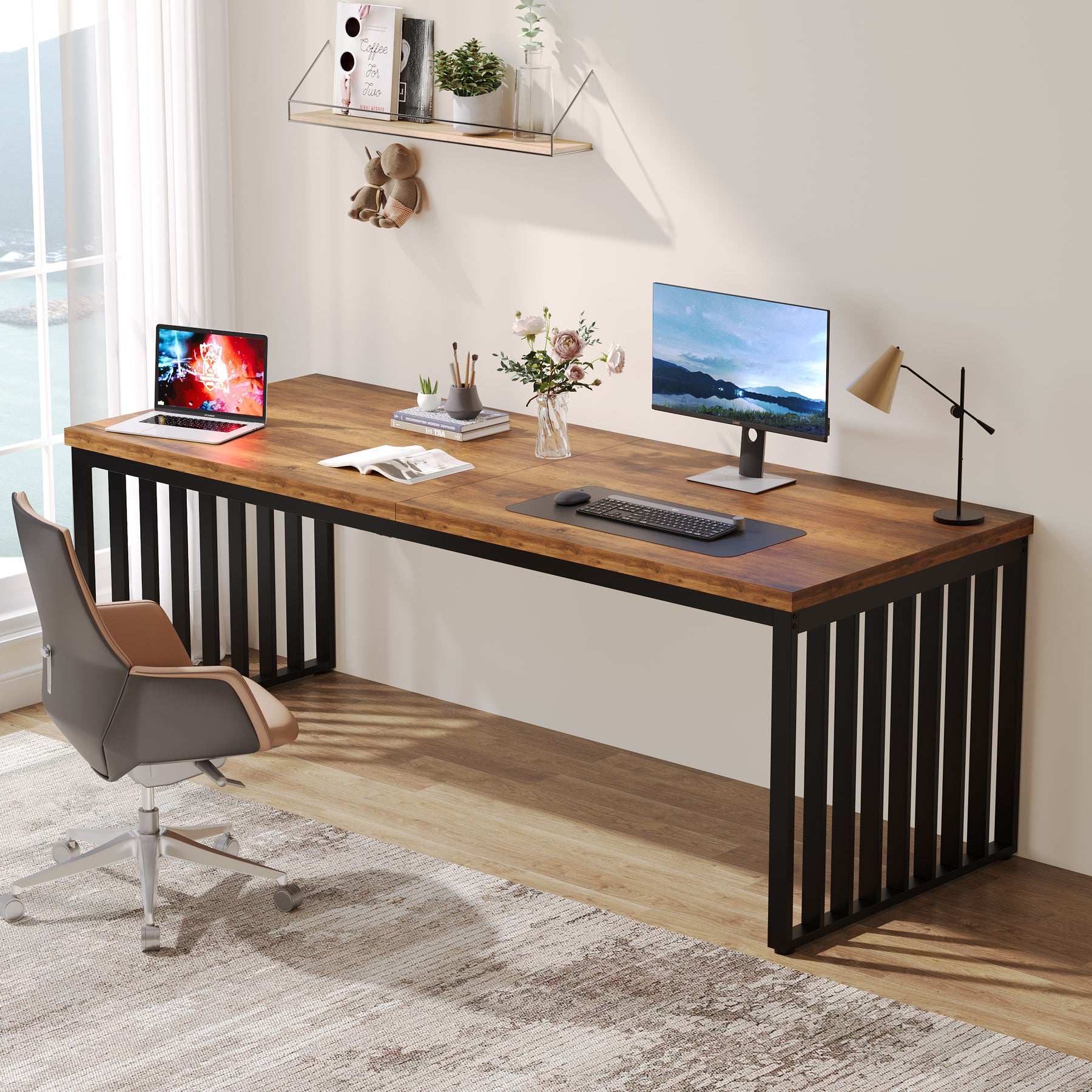 180cm Computer Desk with Metal Frame, Industrial Workstation Desk for Home Office or Study