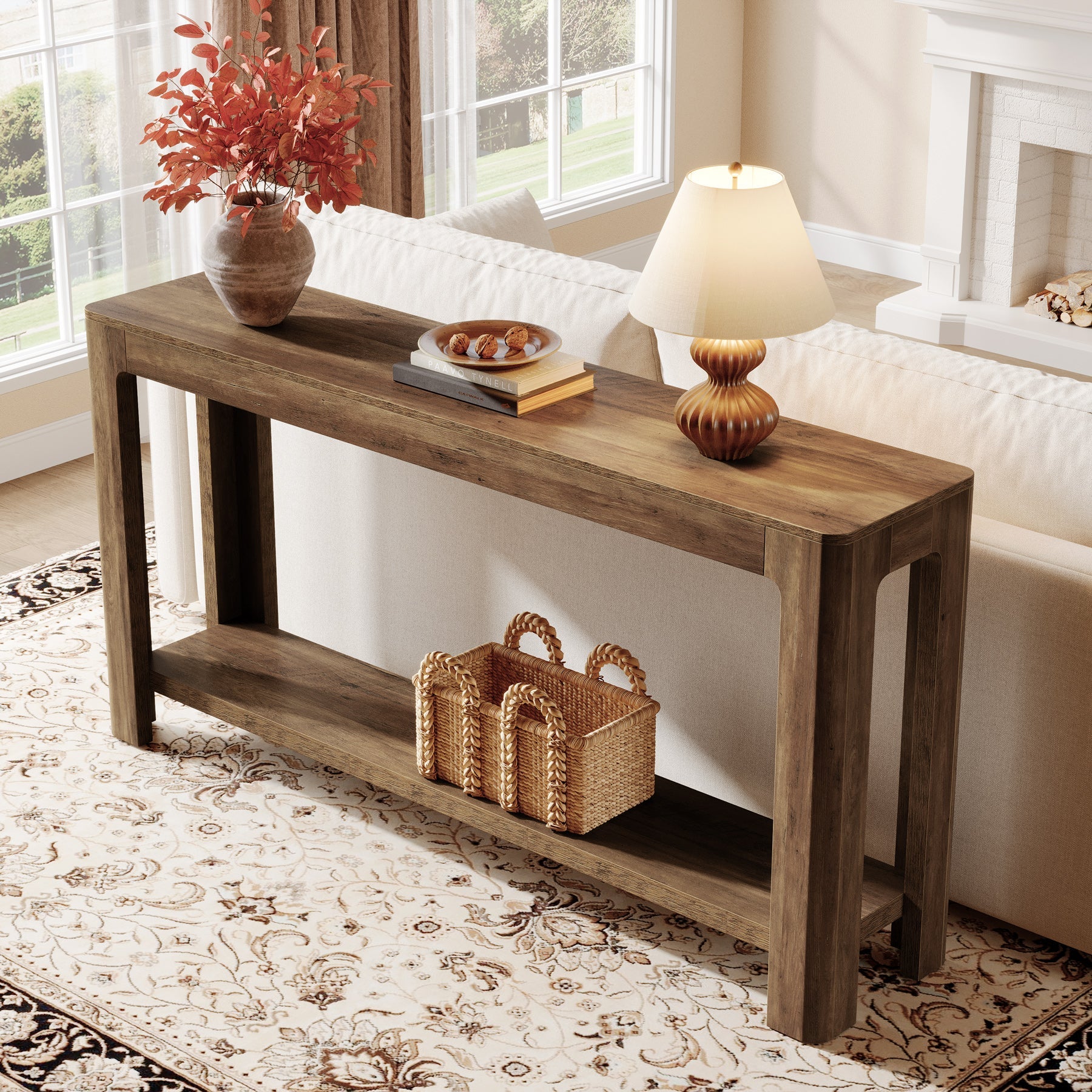 160cm Narrow Console Table, 2-Tier Sofa Table with Storage Shelf