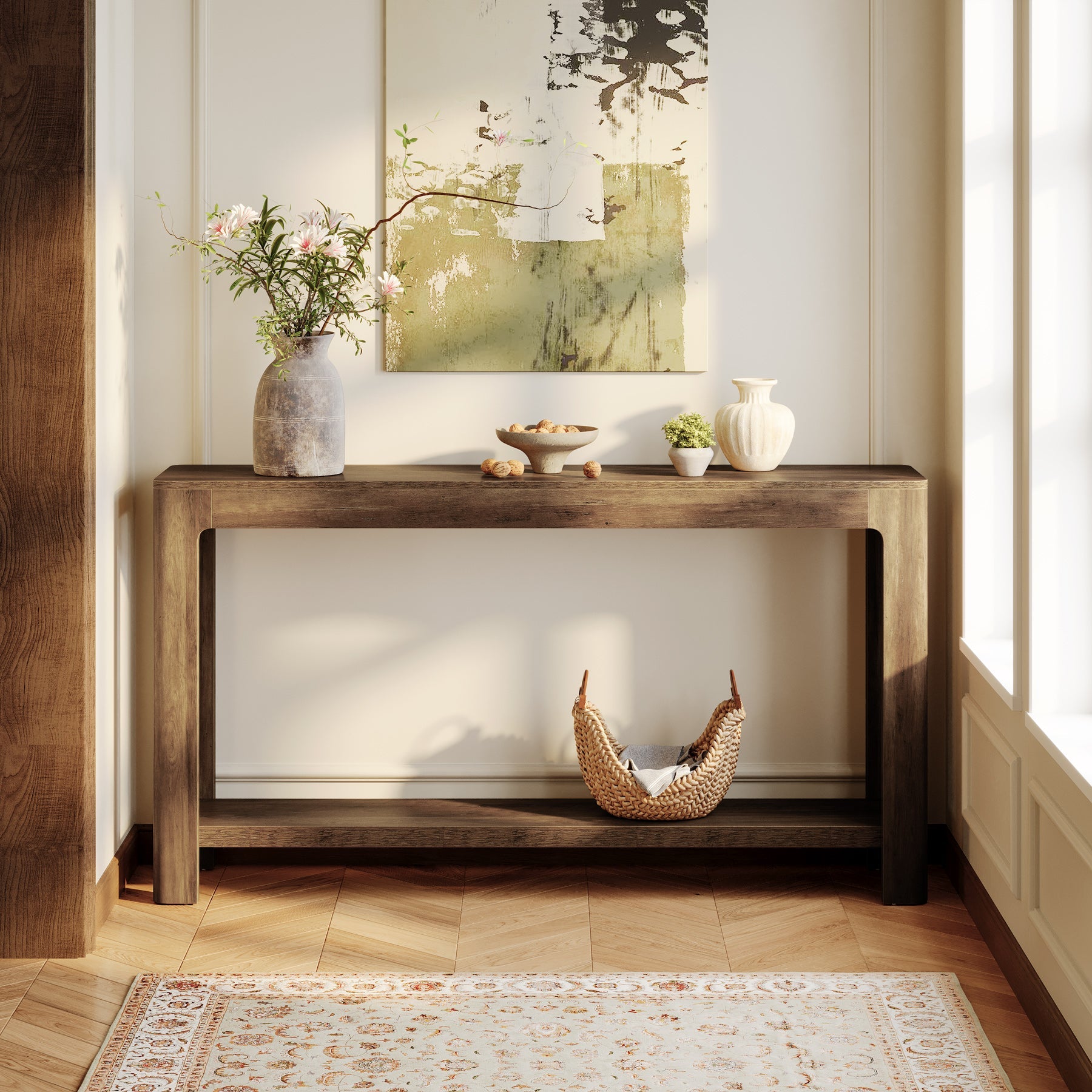 160cm Narrow Console Table, 2-Tier Sofa Table with Storage Shelf