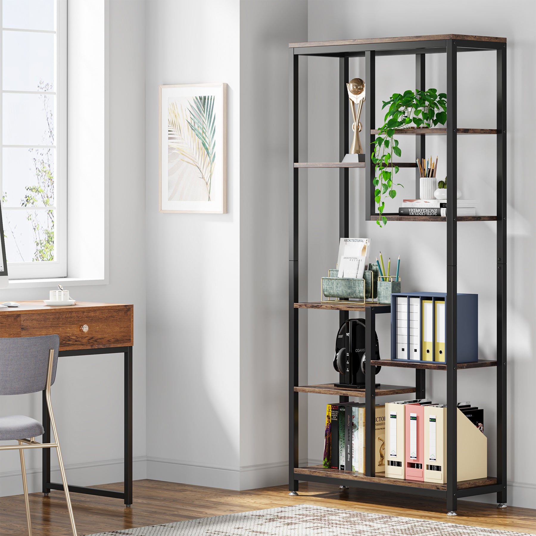 69.2" Bookcase, 6-Tier Bookshelf with Open Storage Display Shelves