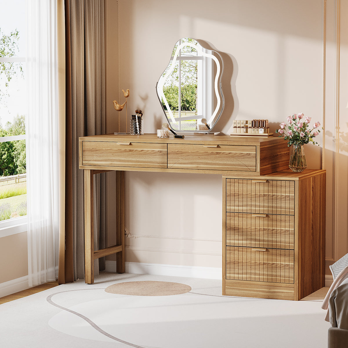 Walnut Brown Vanity Desk with 5 Drawers, Reversible Dressing Table