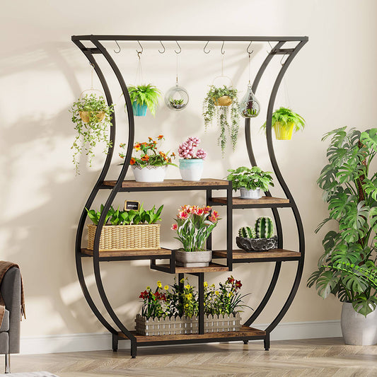 Plant Stand, Vase Shape 6-Tier Plant Display Rack with 10 Hanging Hooks Tribesigns