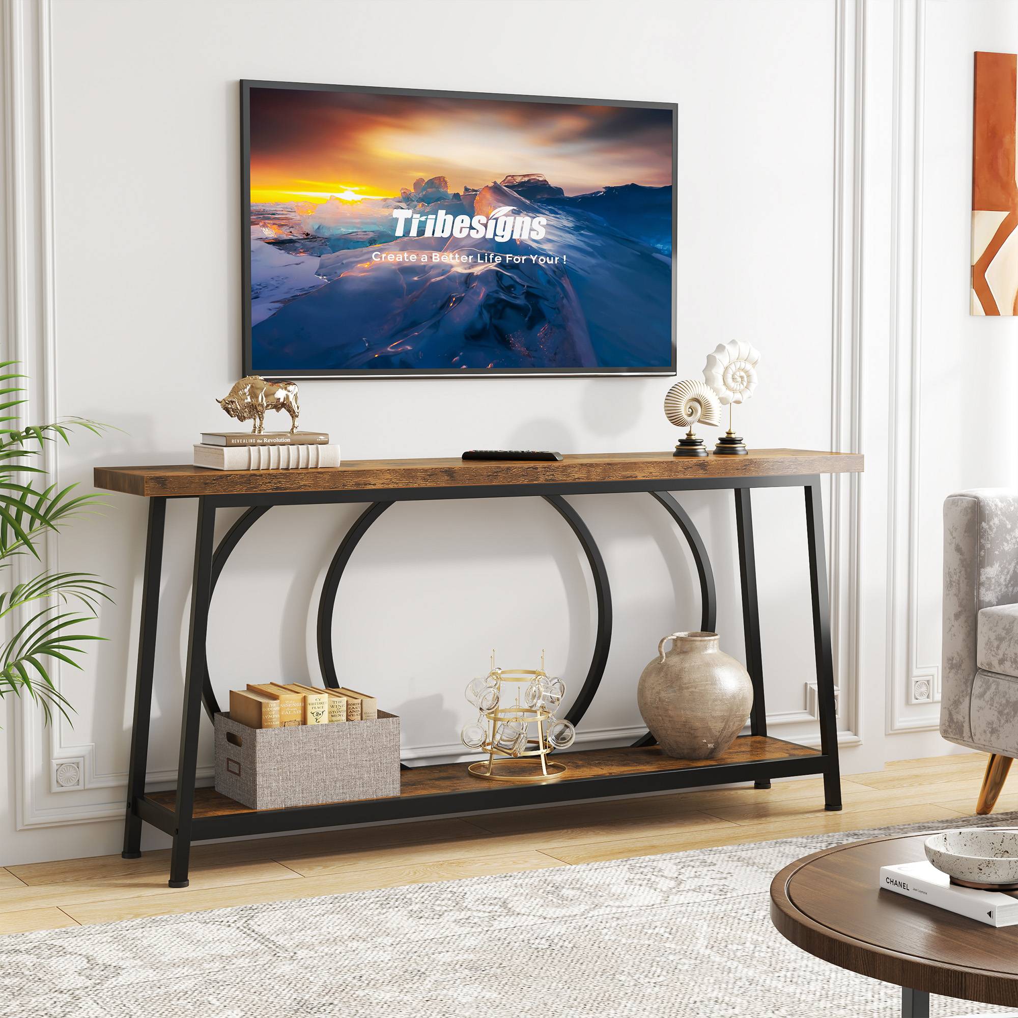 Console Table, 70.9" Sofa Entryway Table with 2 Open Storage Shelves Tribesigns