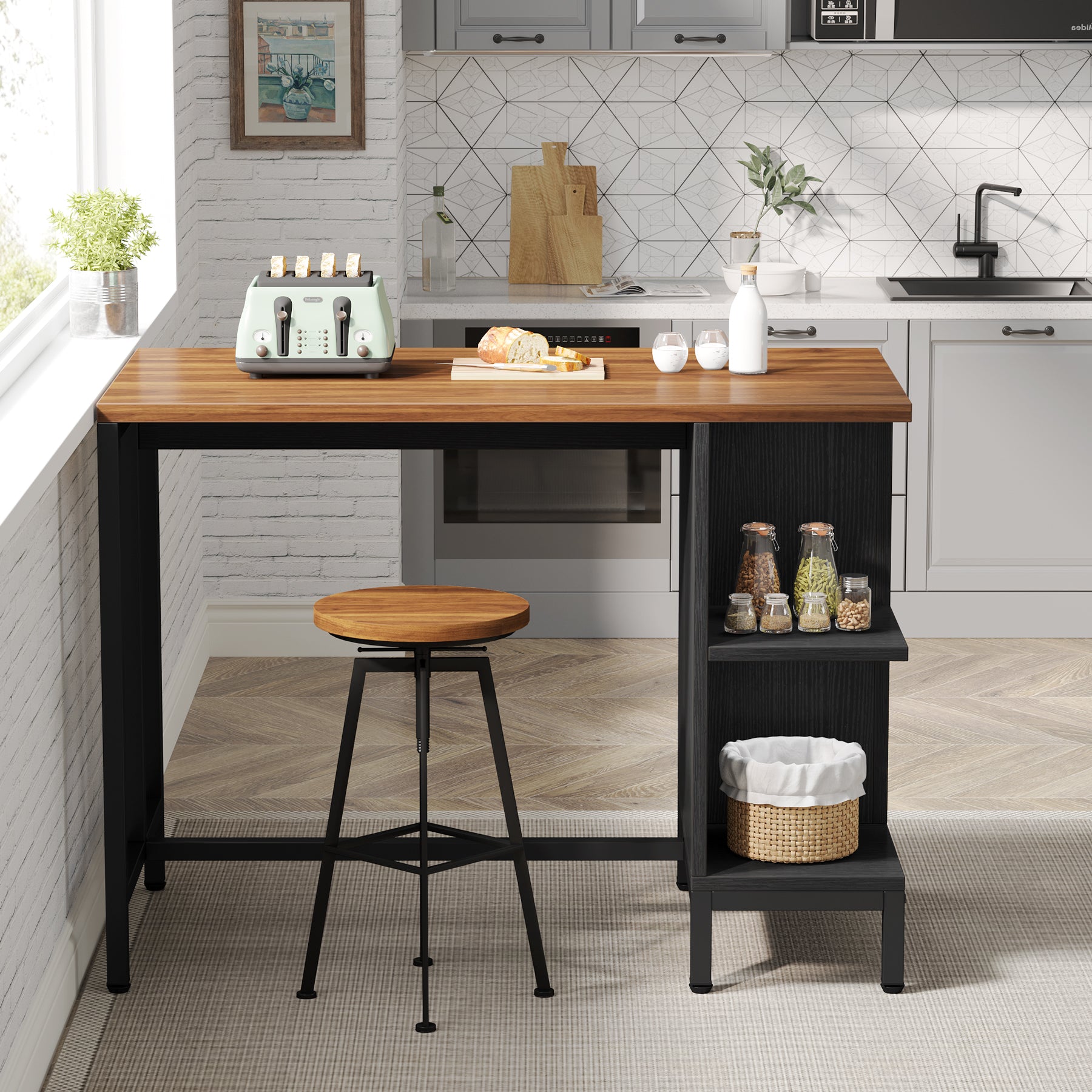 Industrial Kitchen Island, Shelf Bar Table with 5 Open Storage Shelves and Spacious Worktop