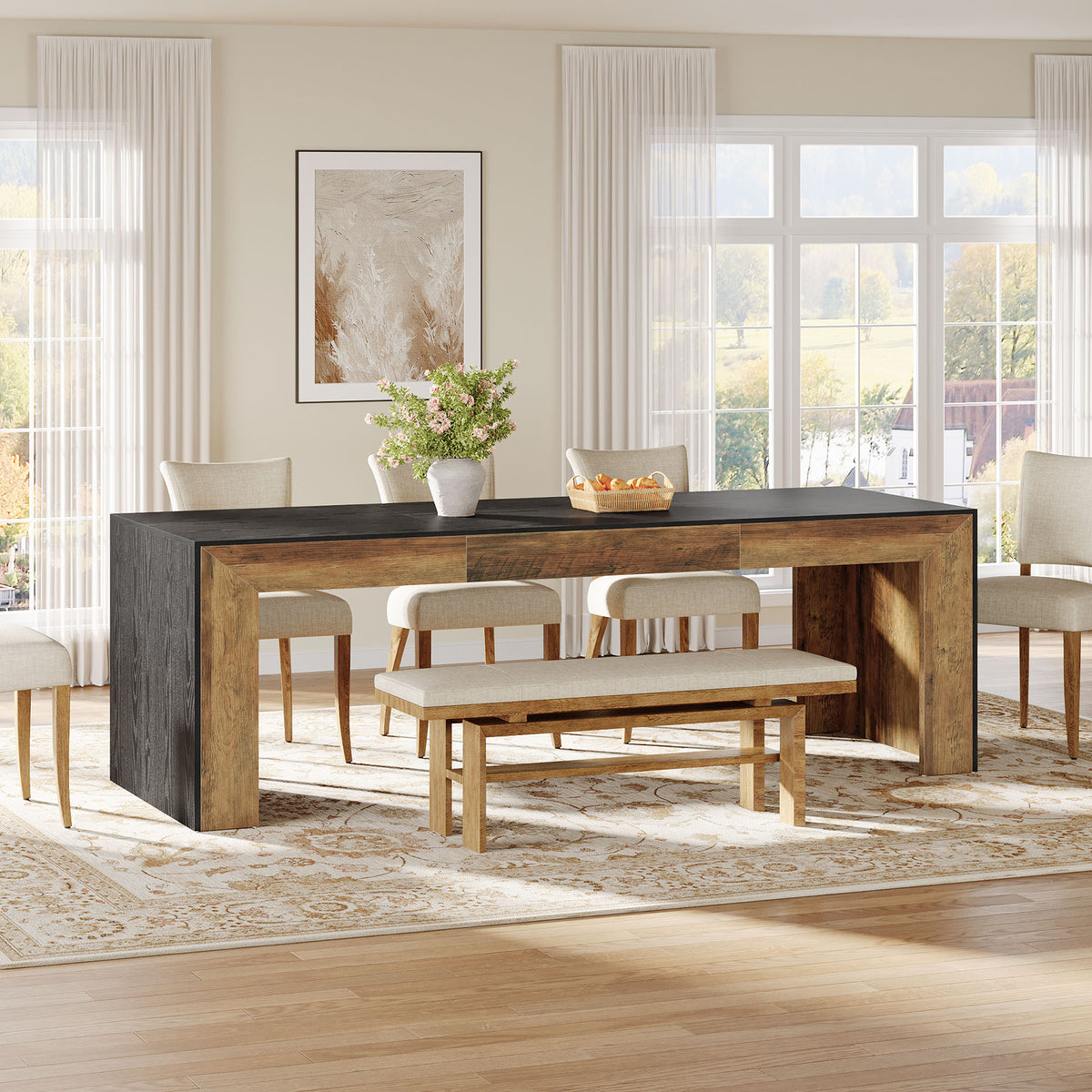 200 cm Dining Table, Rustic Brown and Black Rectangular Kitchen Table
