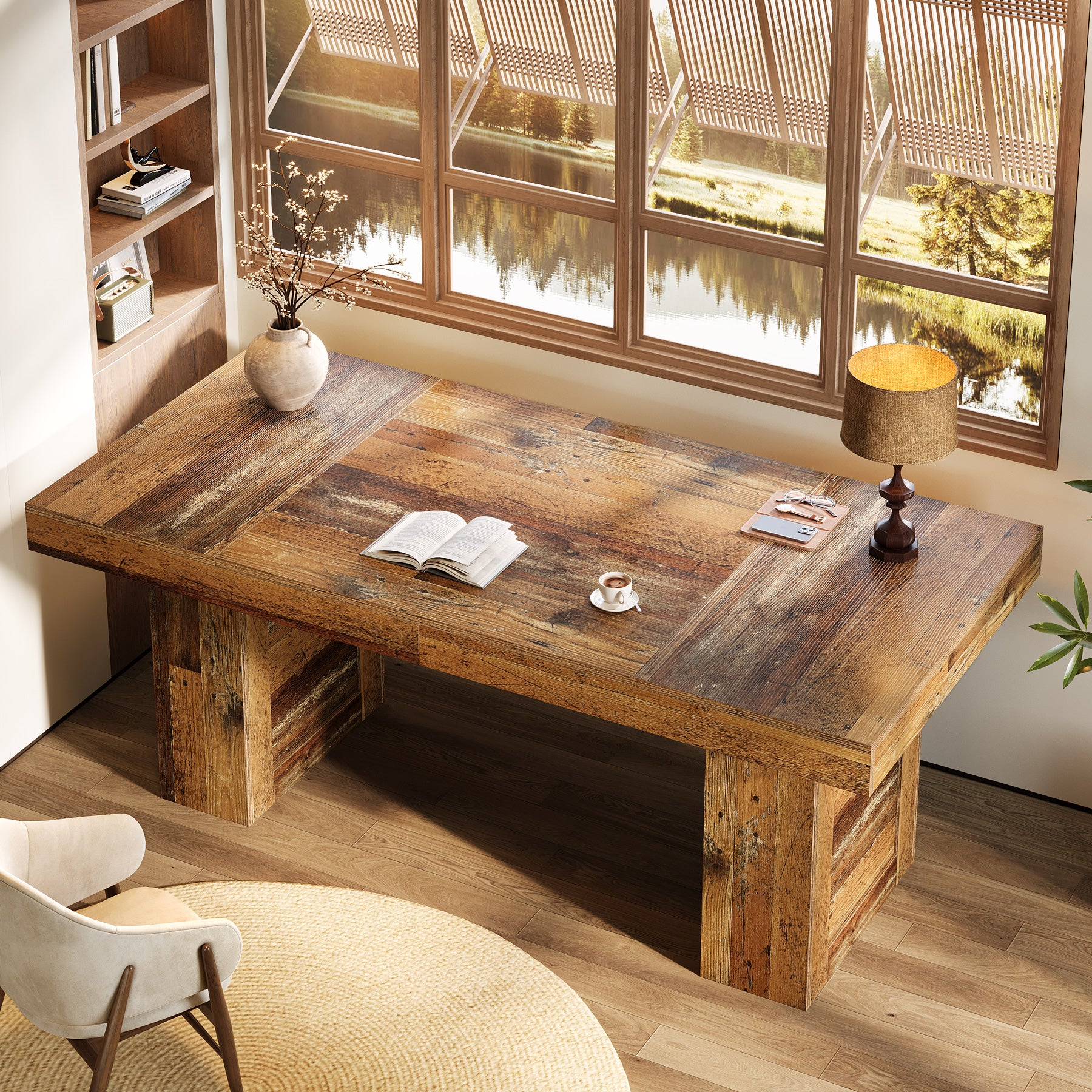 160 cm Farmhouse Executive Desk, Large Wooden Office Desk with Heavy-Duty Legs for Home Office