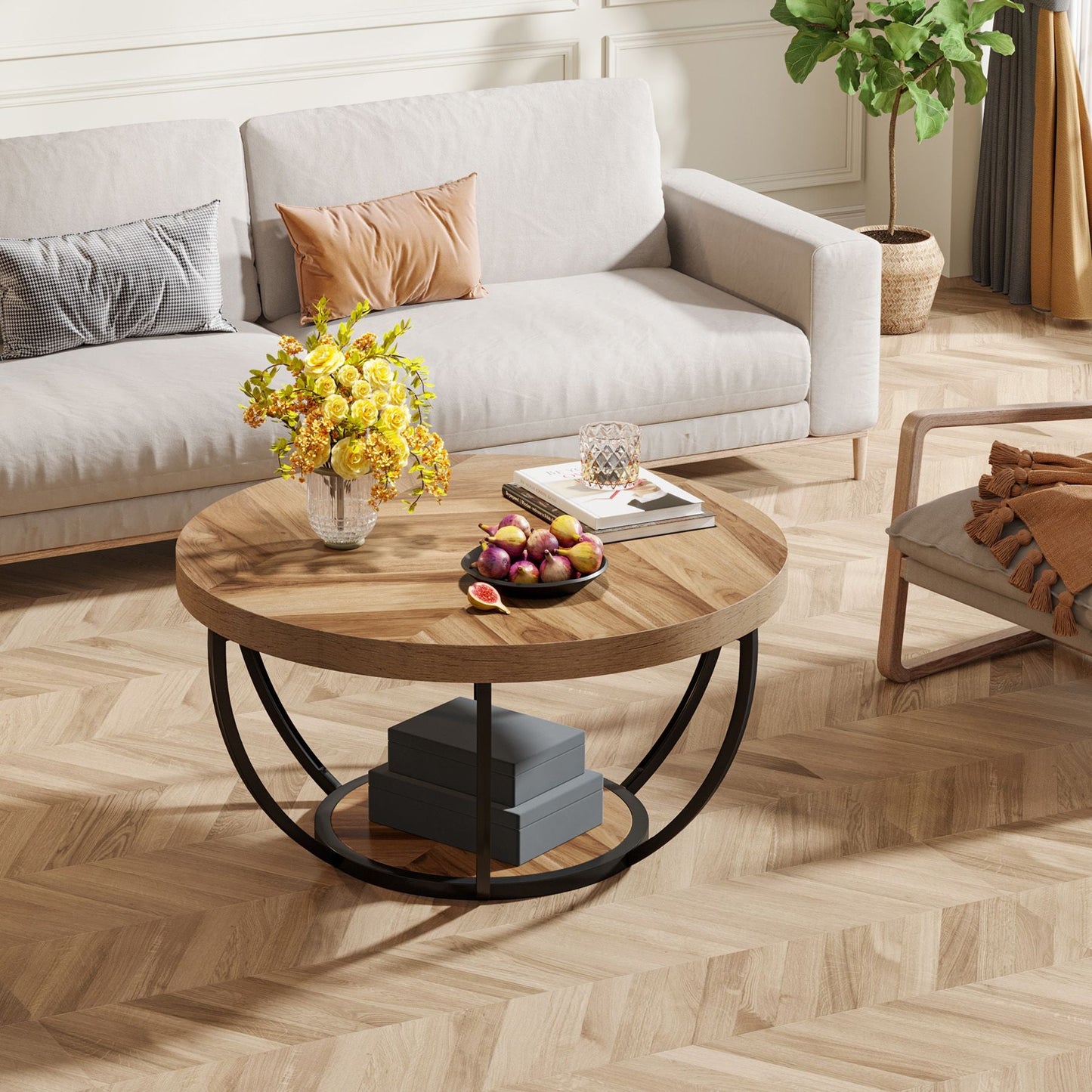 Round Wooden Coffee Table with 2-Tier Shelves