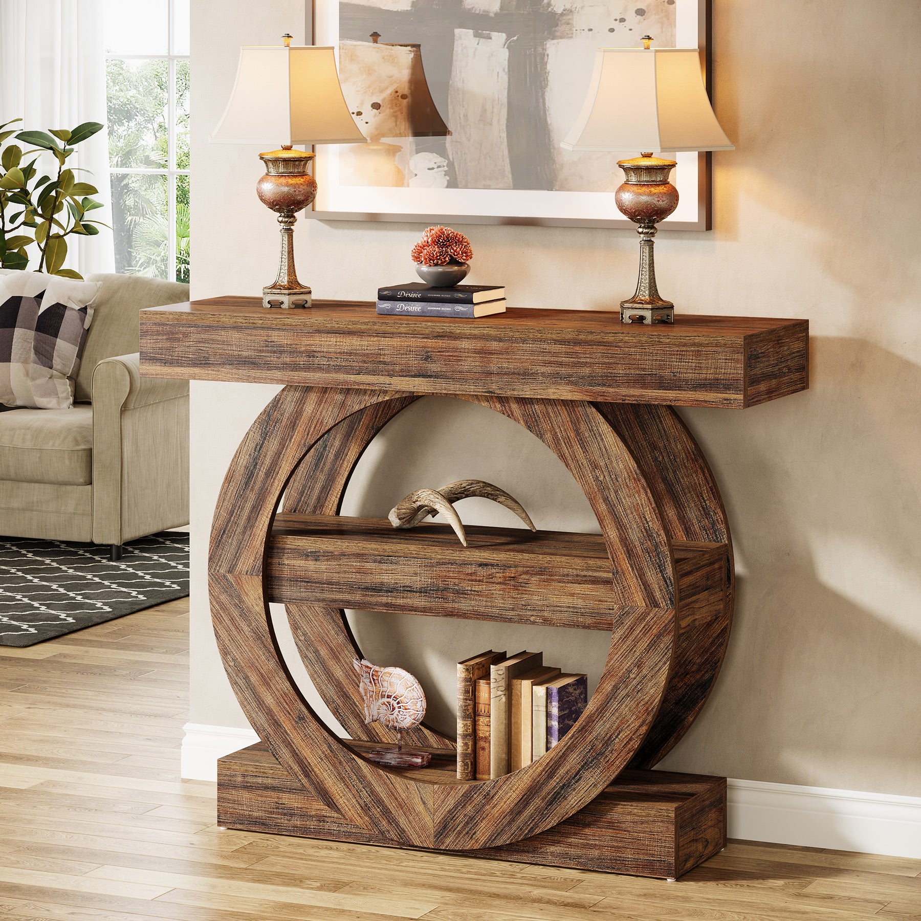 105 cm  Console Table, 3-Tier Sofa Table Accent Console with Circle Base