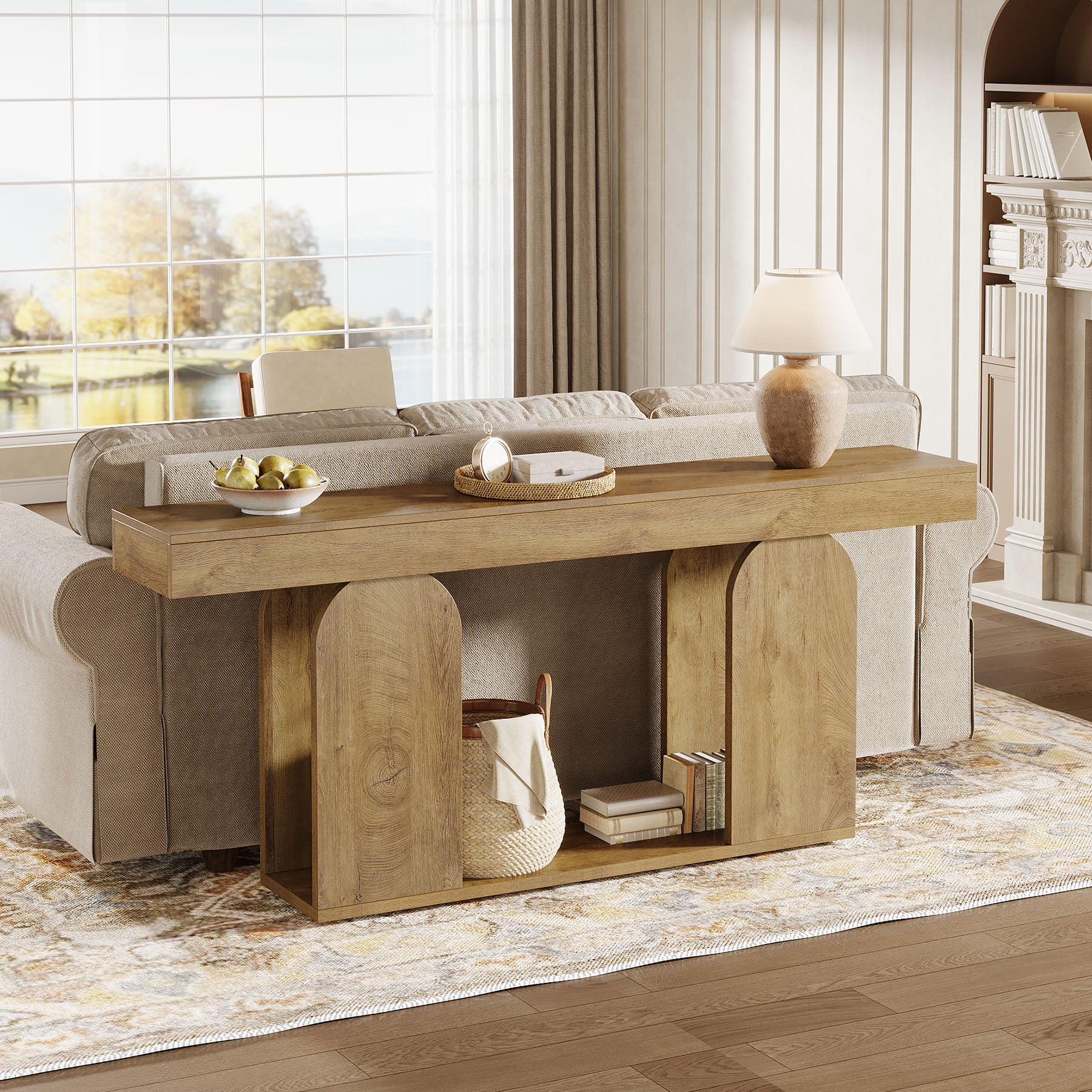180cm Extra Long Farmhouse Console Table with 2-Tier Storage Shelf, Wooden Entryway & Sofa Table