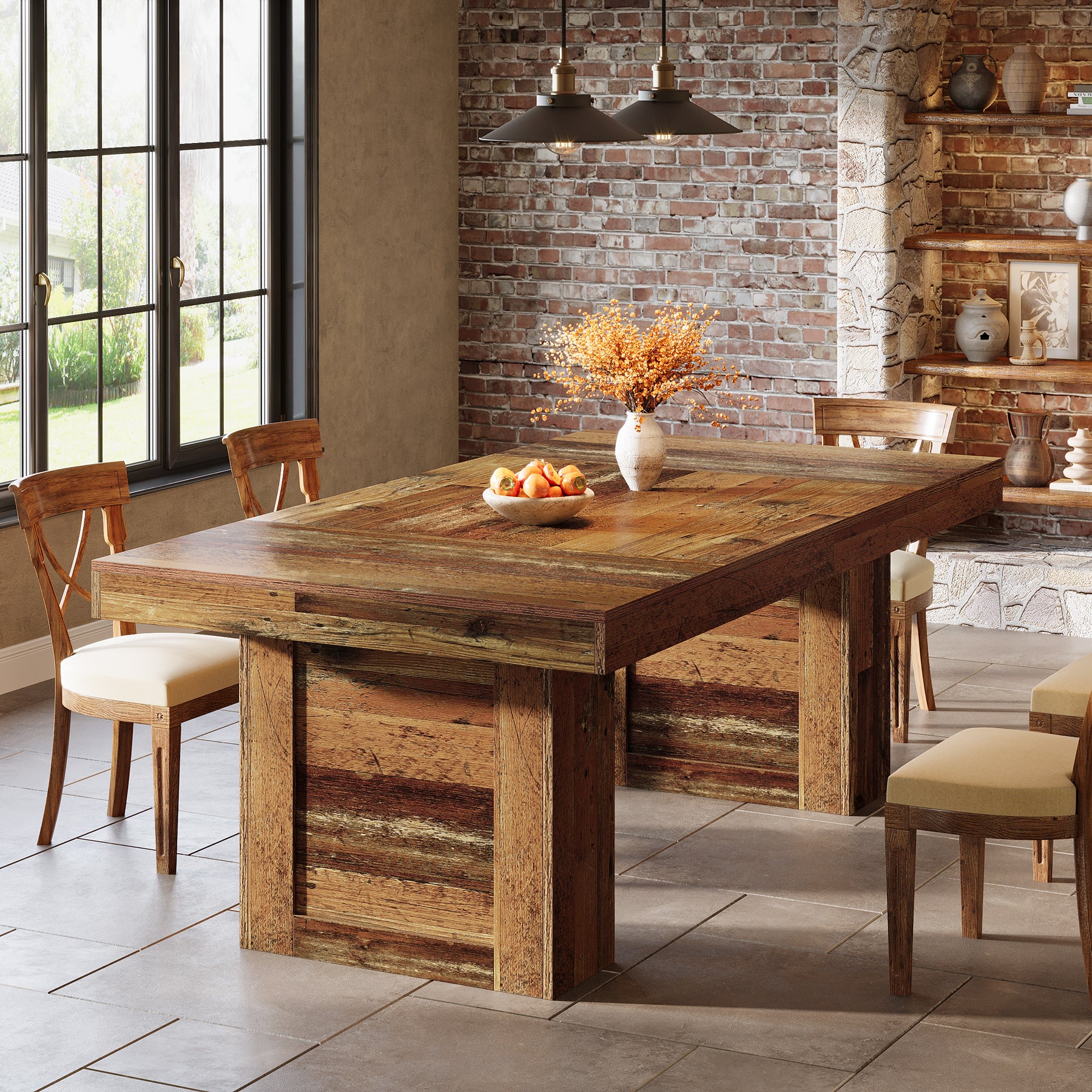 160 cm Farmhouse Dining Table for 6–8, Rectangular Wooden Kitchen Table with Heavy-Duty Legs