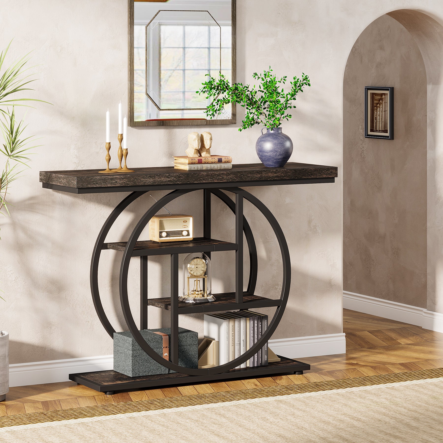 105cm Console Table, Industrial 4-Tier Sofa Entryway Table with Circle Base