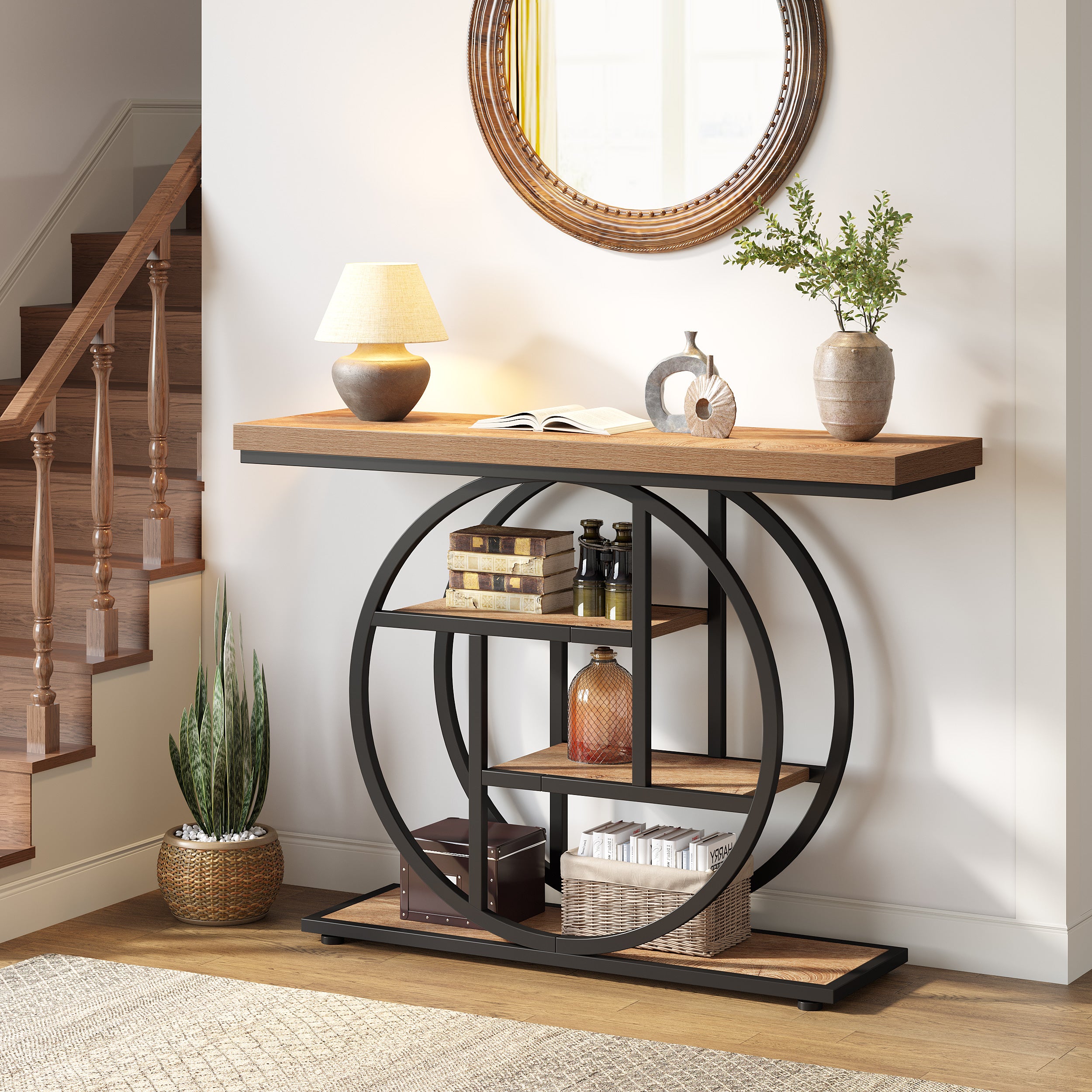 105cm Console Table, Industrial 4-Tier Sofa Entryway Table with Circle Base