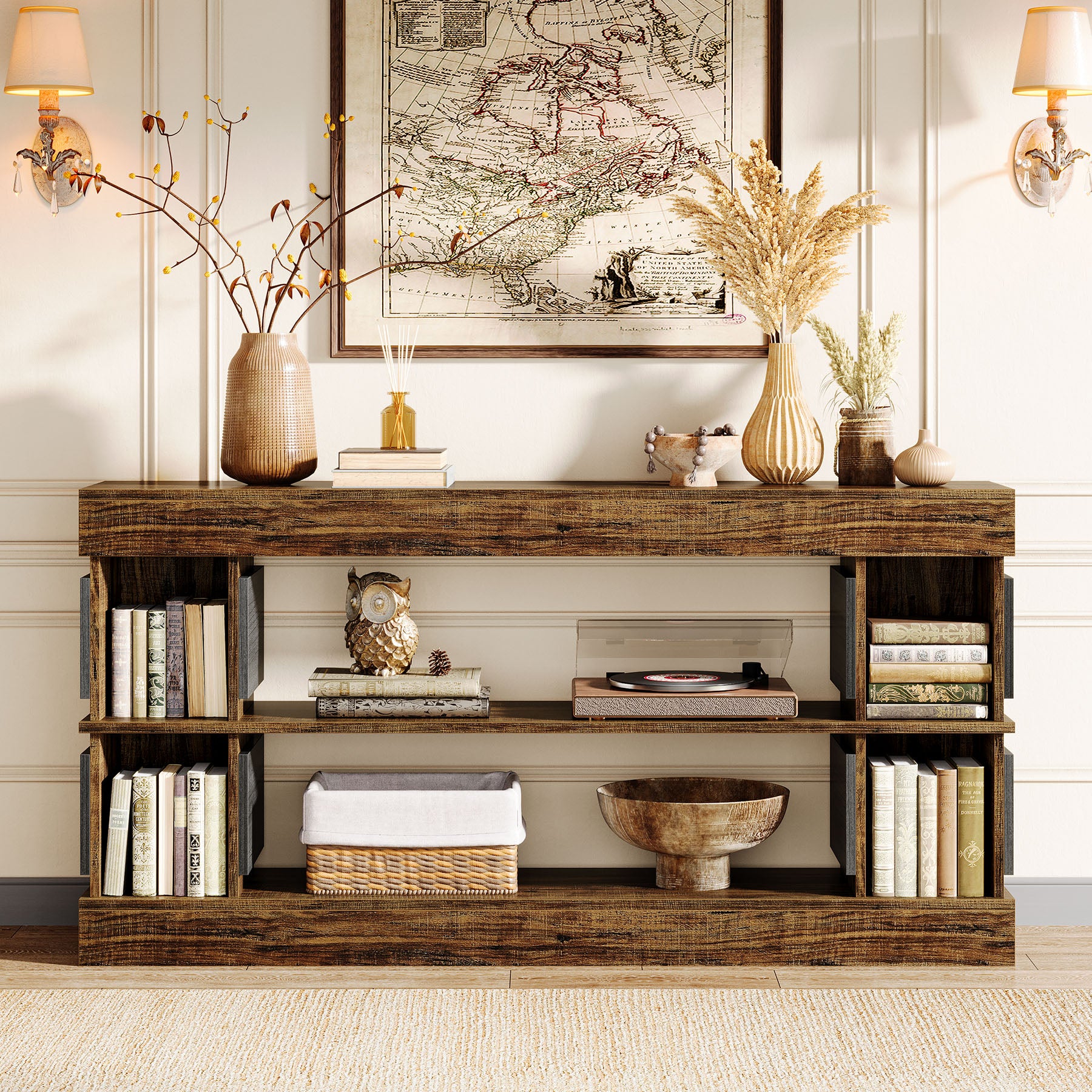 160cm Farmhouse 3-Tier Console Table with 4 Storage Compartments, Long Wooden Entryway & Sofa Table