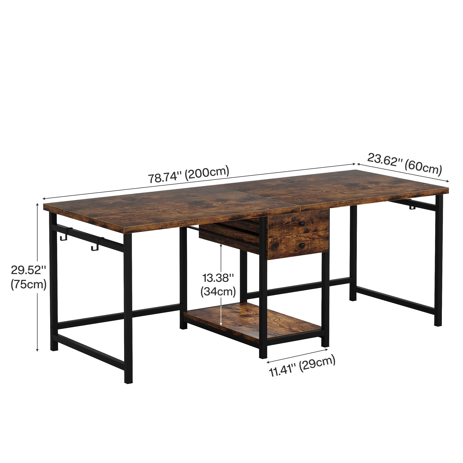 200cm Industrial Two Person Desk with Drawers & Storage Shelf, Double Computer Desk for Home Office