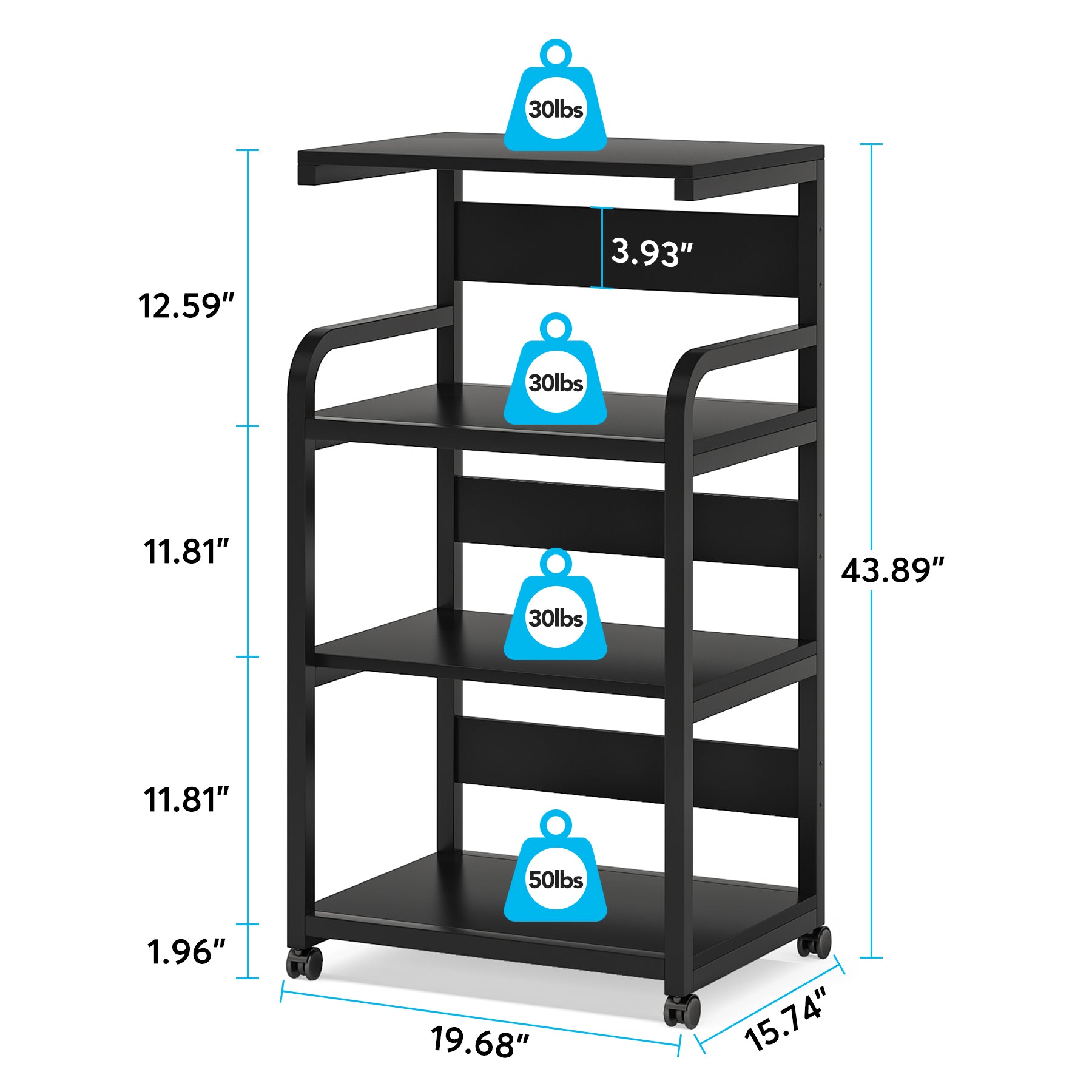 4-Tier Large Printer Stand with Storage Shelves, Mobile Storage Cart with Wheels