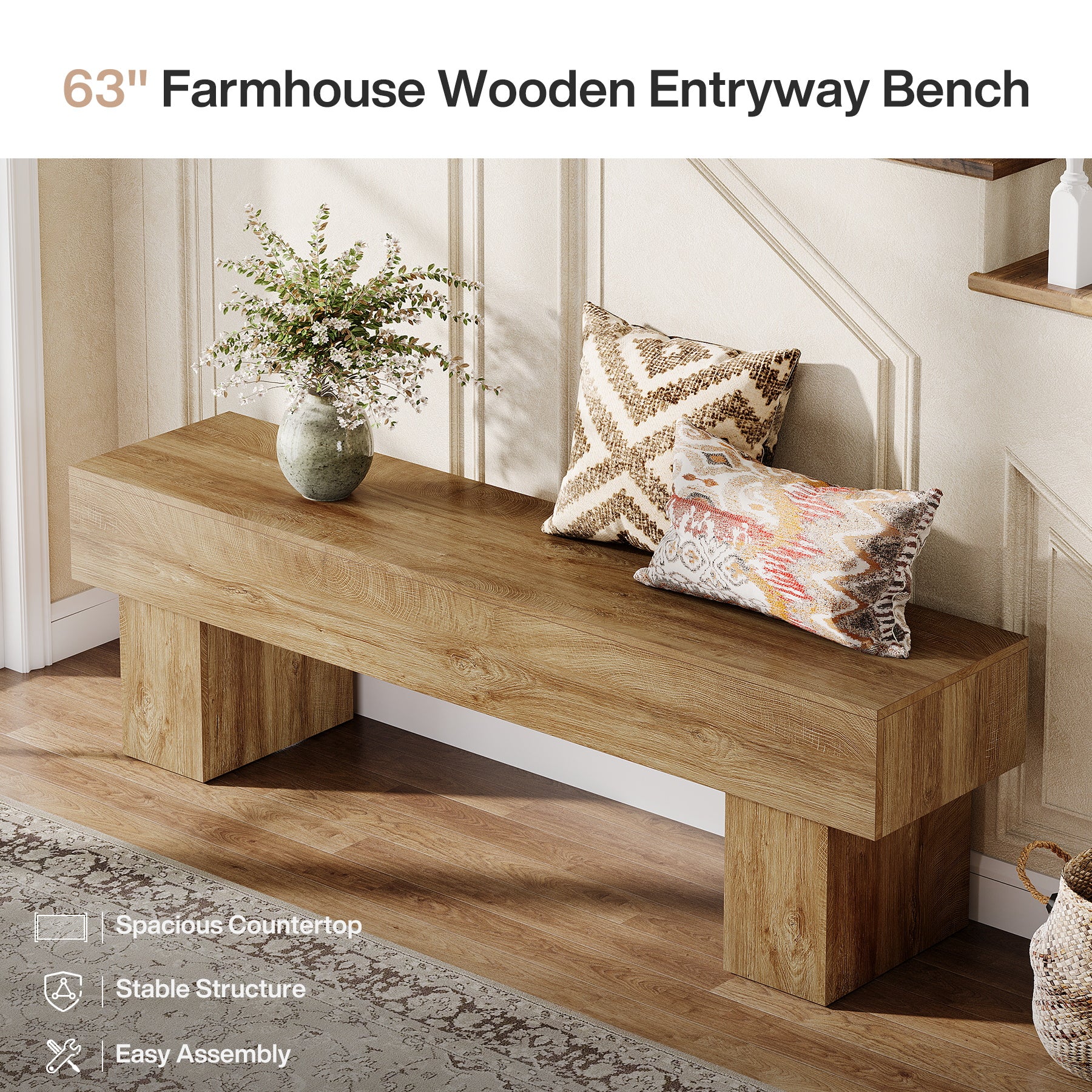 160cm Long Farmhouse Bench, Wooden End of Bed & Entryway Bench for Living Room or Dining Room